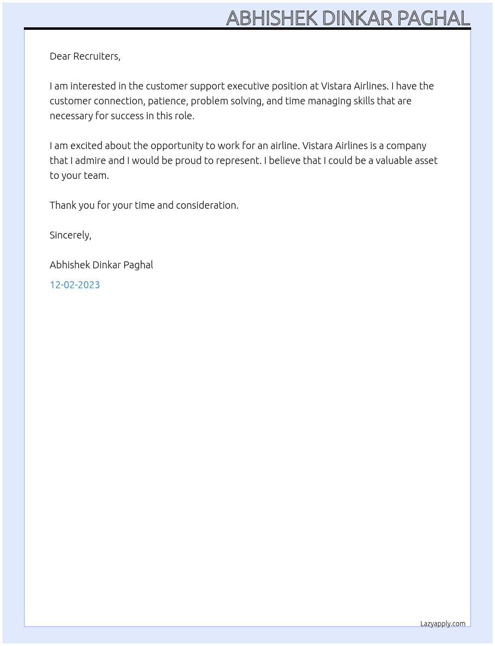 Customer support executive At Vistara Airlines Cover Letter