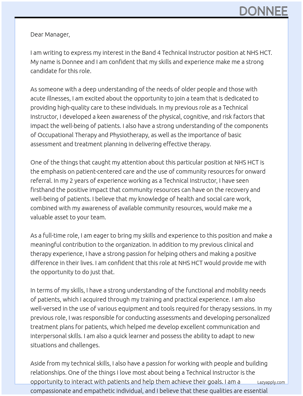 Band 4 Technical Instructor At Nhs HCT Cover Letter