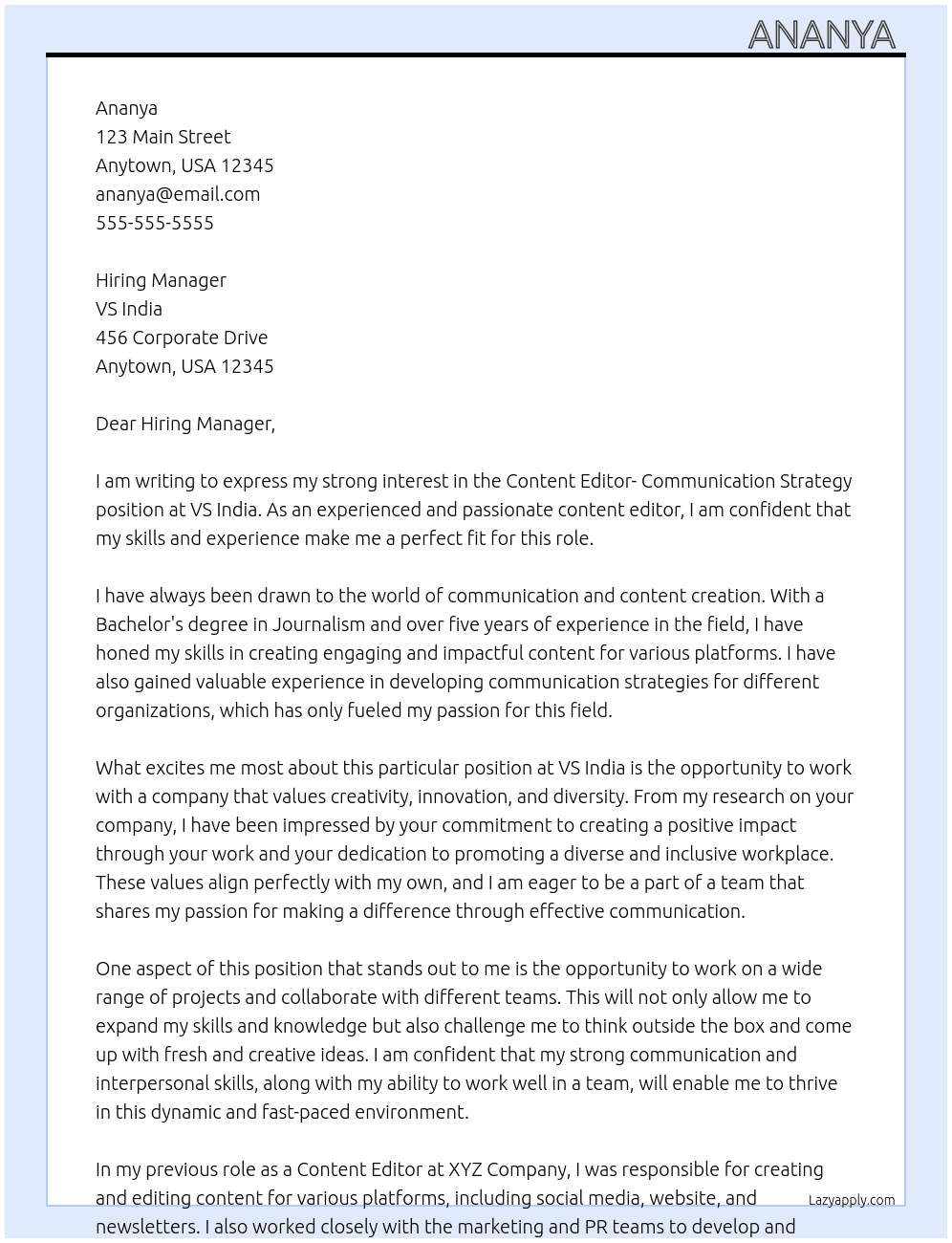 Content Editor- Communication Startegy At VS India Cover Letter