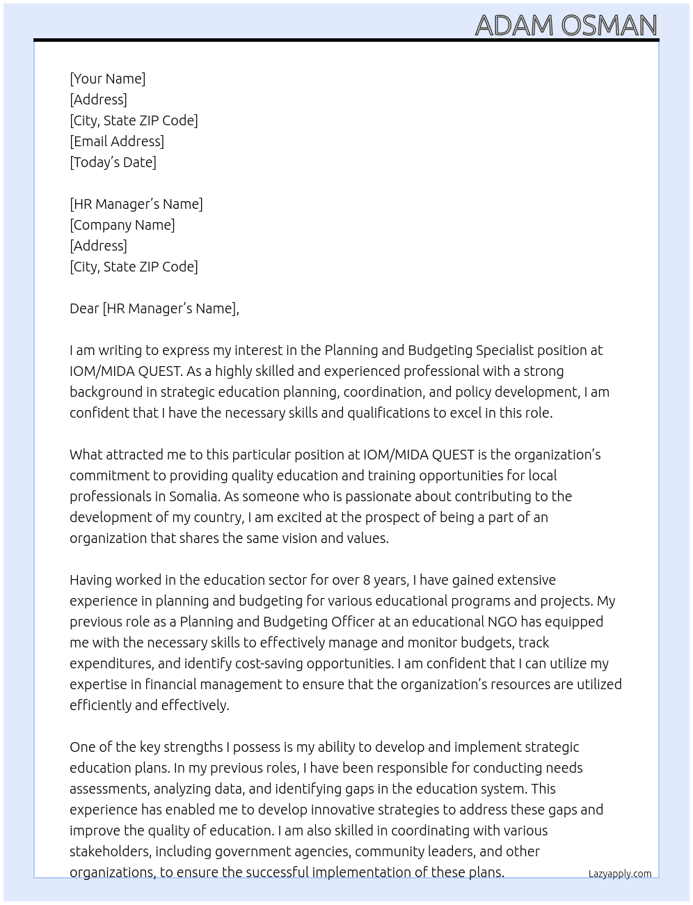 Planning and Budgeting Specialist, Local Professional At IOM/MIDA QUEST Cover Letter