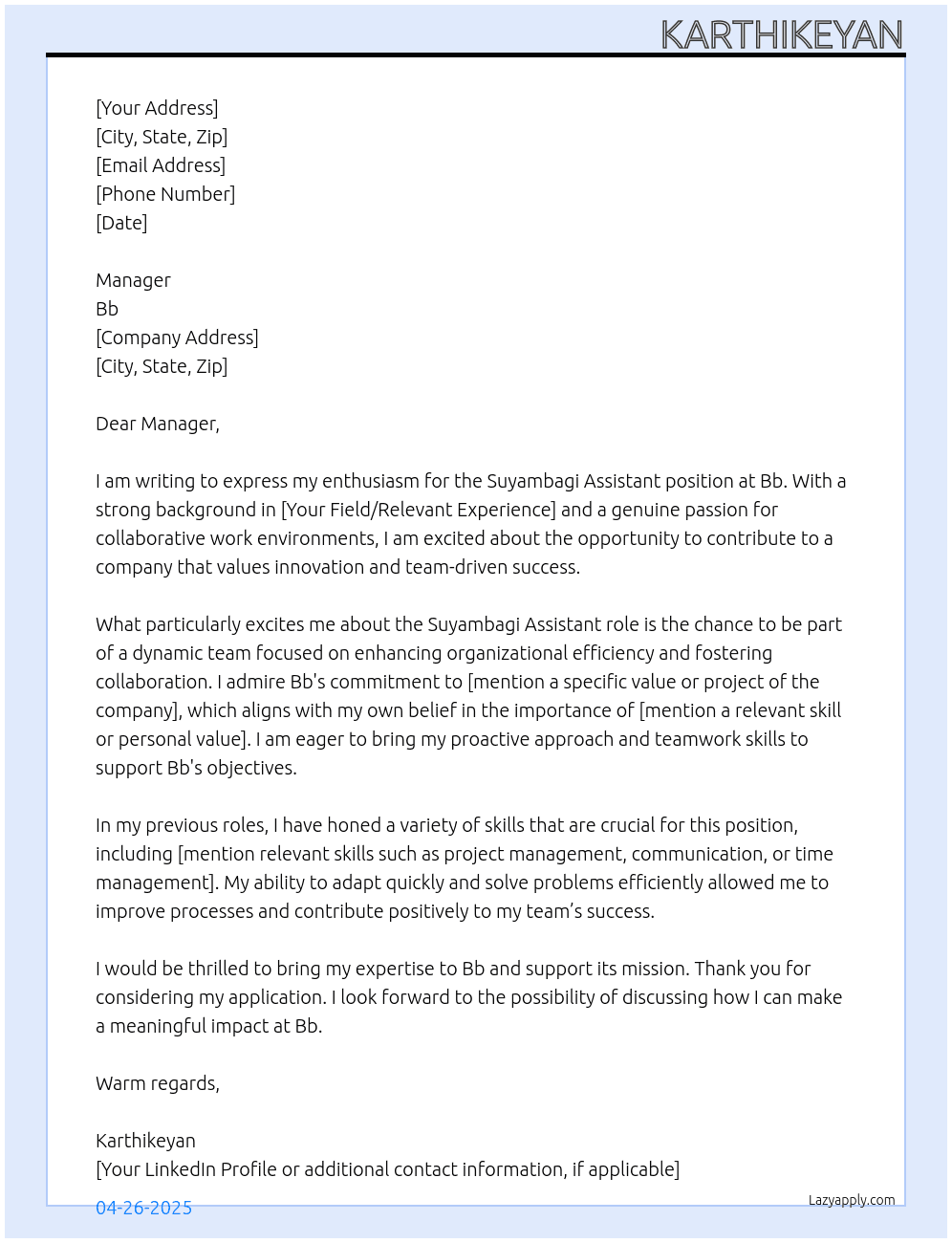 Suyambagi Assistant At Bb  Cover Letter