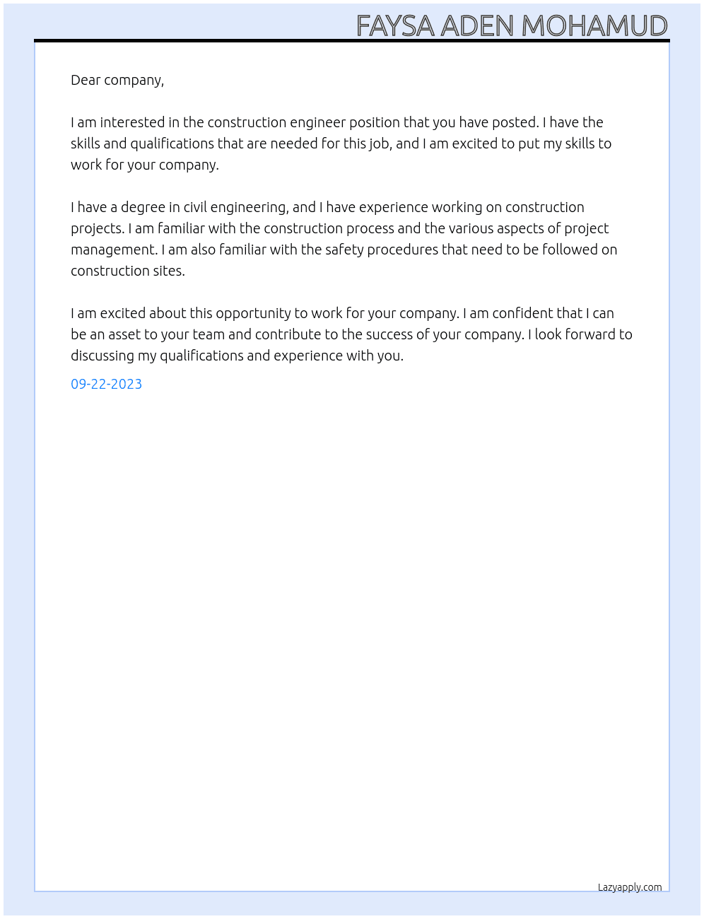 construction engineer At personal Cover Letter