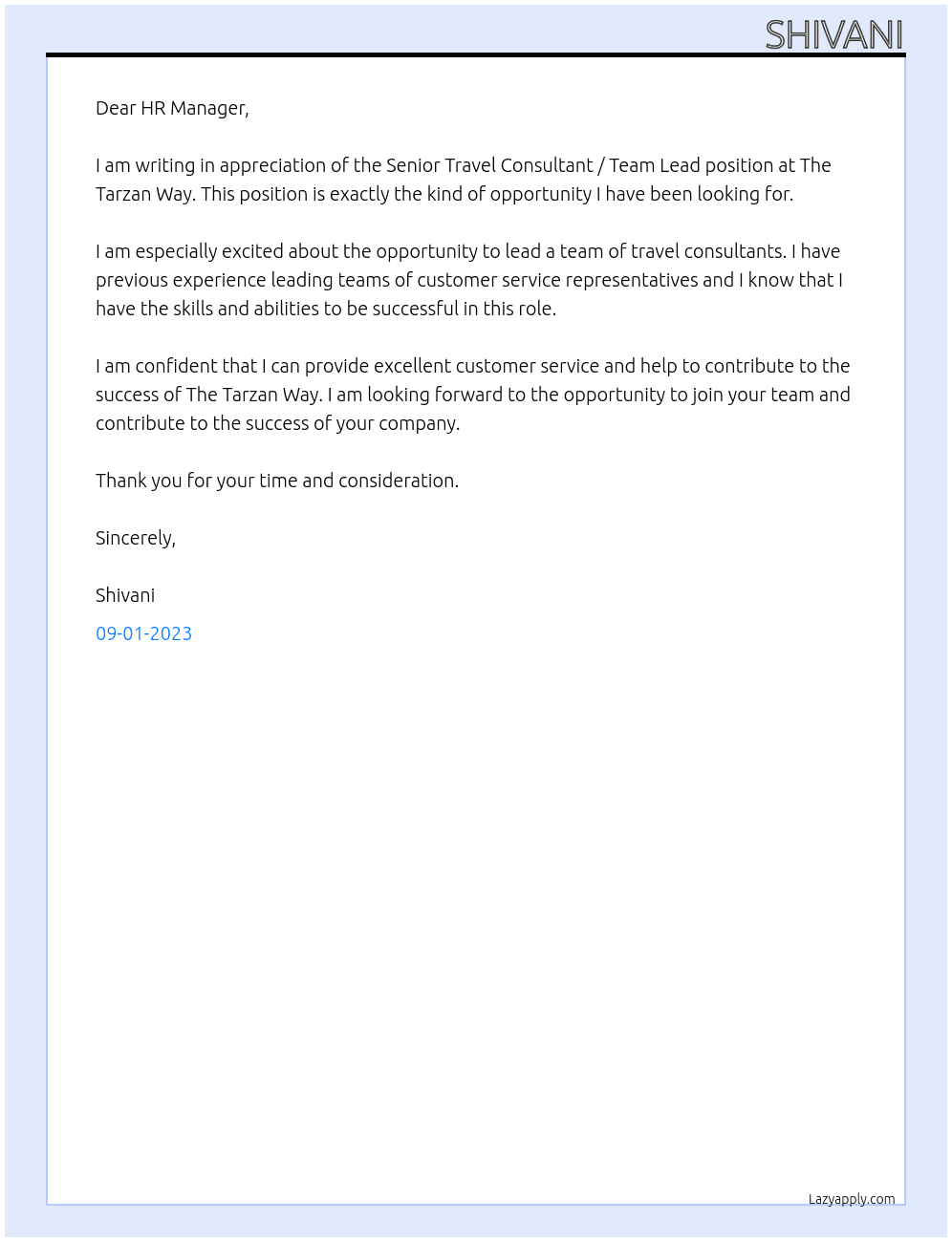 Senior Travel Consultant / Team LEad At The Tarzan Way Cover Letter