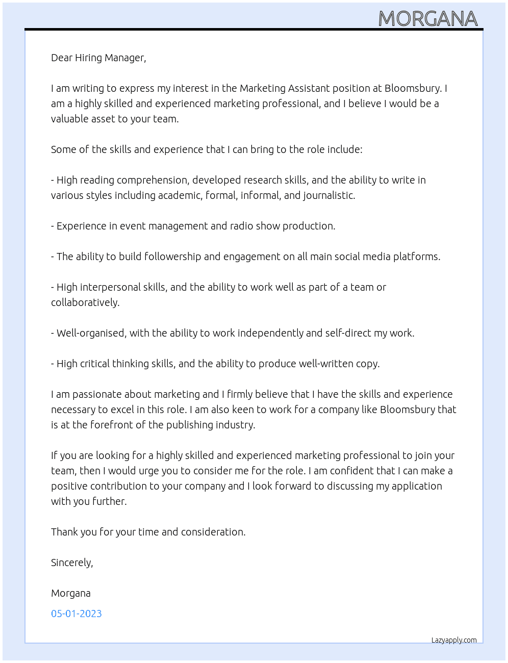 marketing assisstant At Bloomsbury Cover Letter