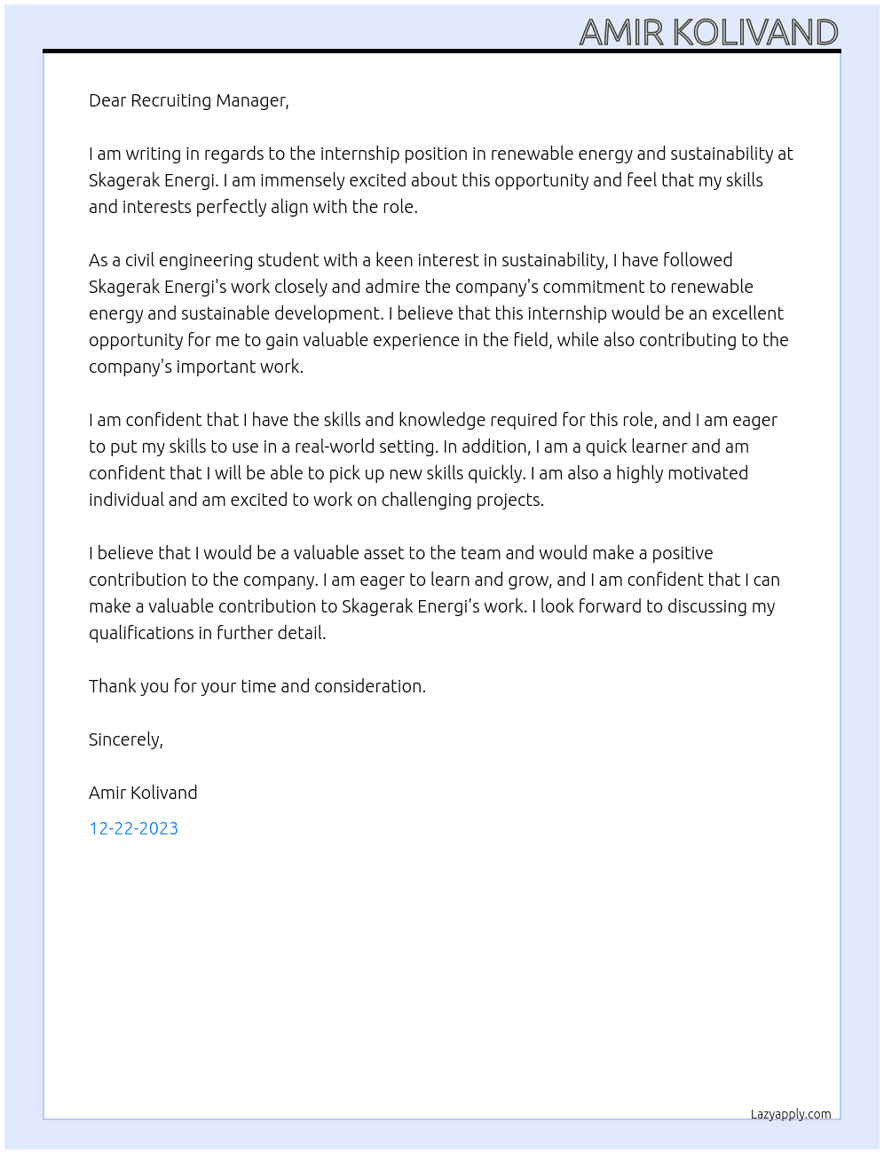 internship in renewable energy and sustainability At Skagerak Energi Cover Letter