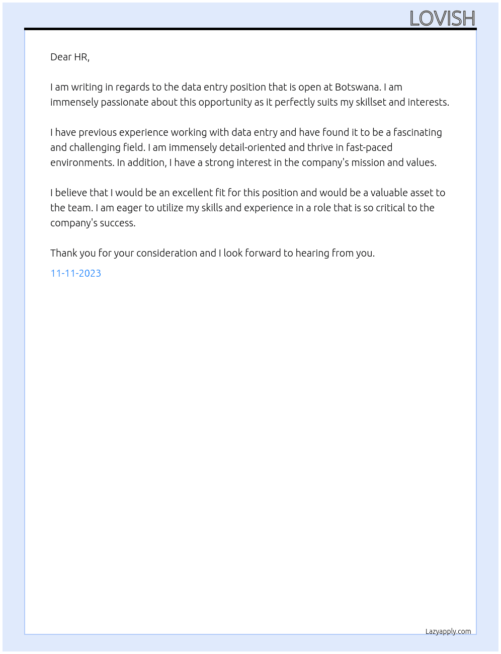 data entry At botswana Cover Letter