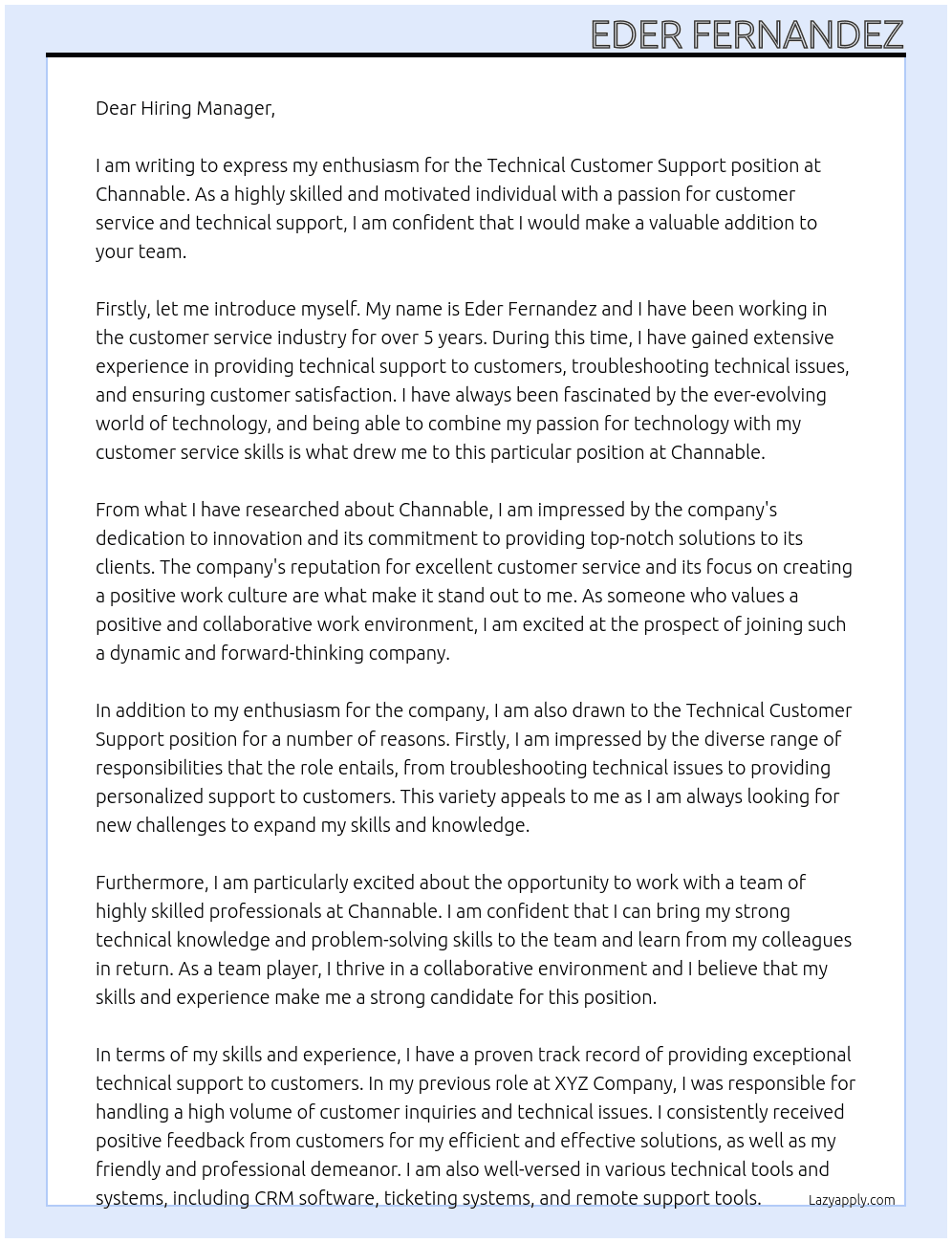 Technical Customer Support At Channable Cover Letter