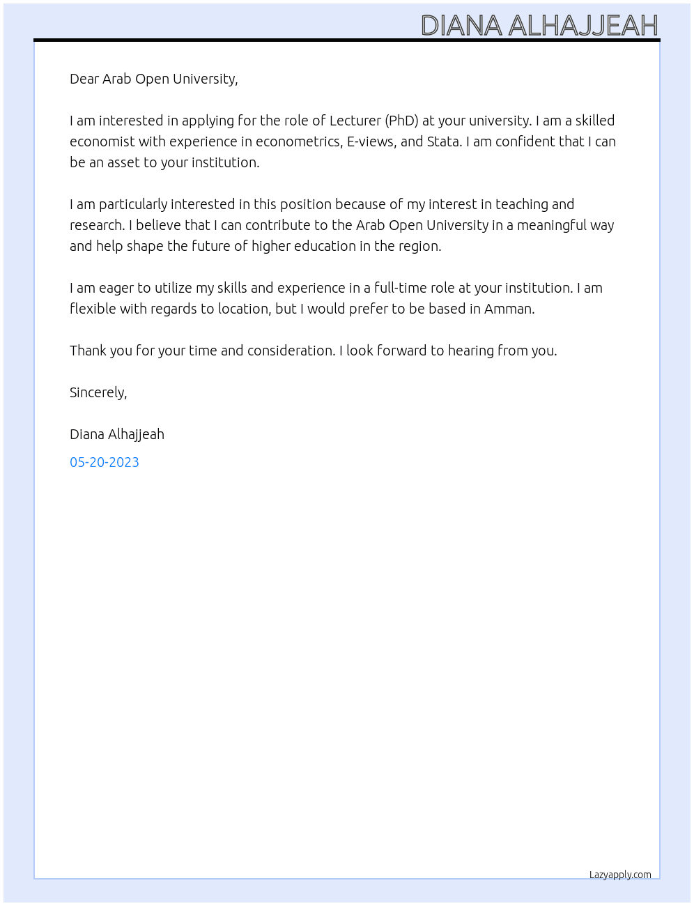 Lecturer (PhD) at university At Arab Open University Cover Letter