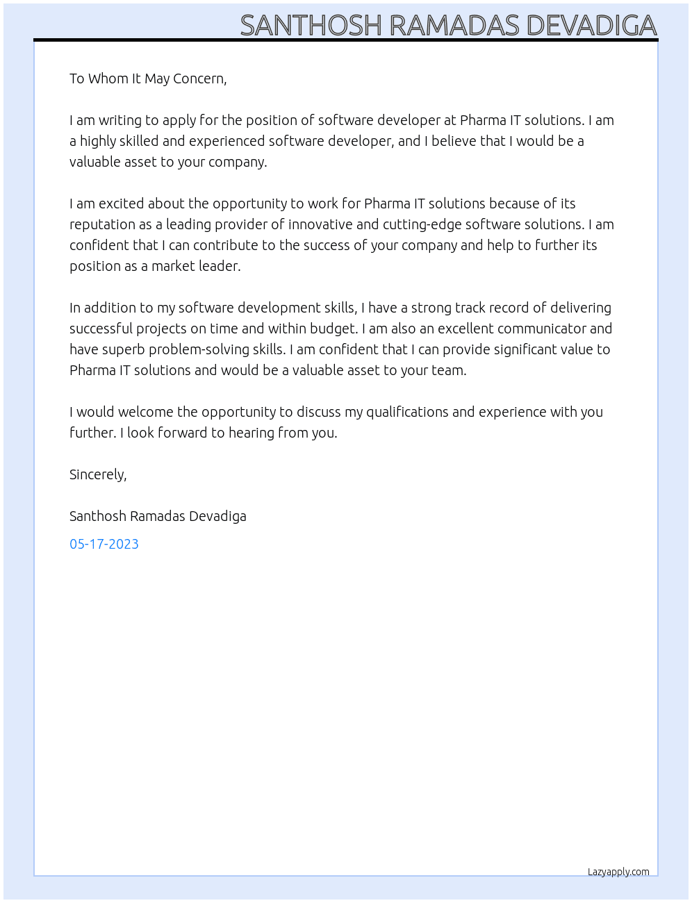 software developer At Pharma IT solutions Cover Letter