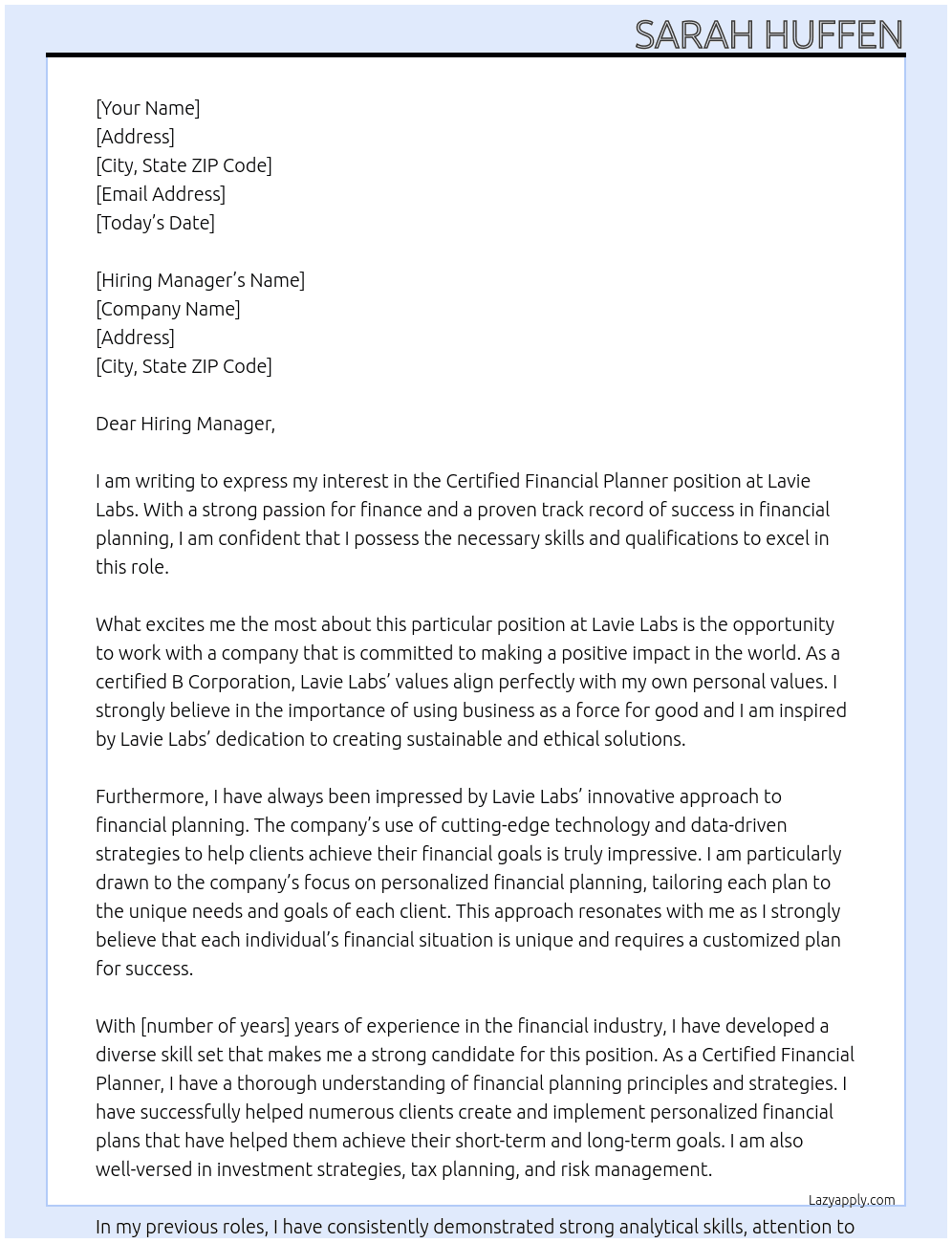 Certified Financial Planner At Lavie Labs Cover Letter