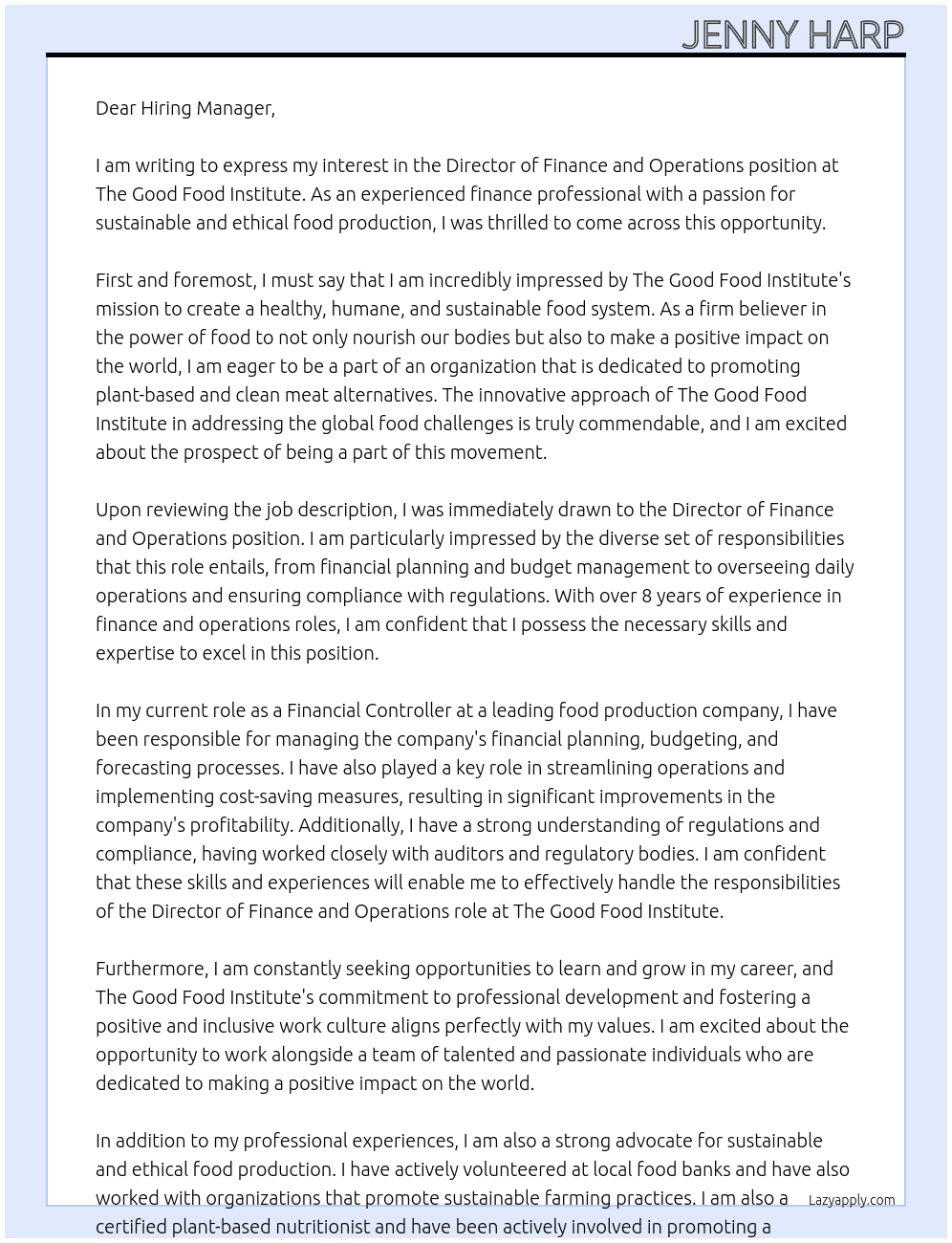 Director of Finance and Operations At The Good Food Institute Cover Letter