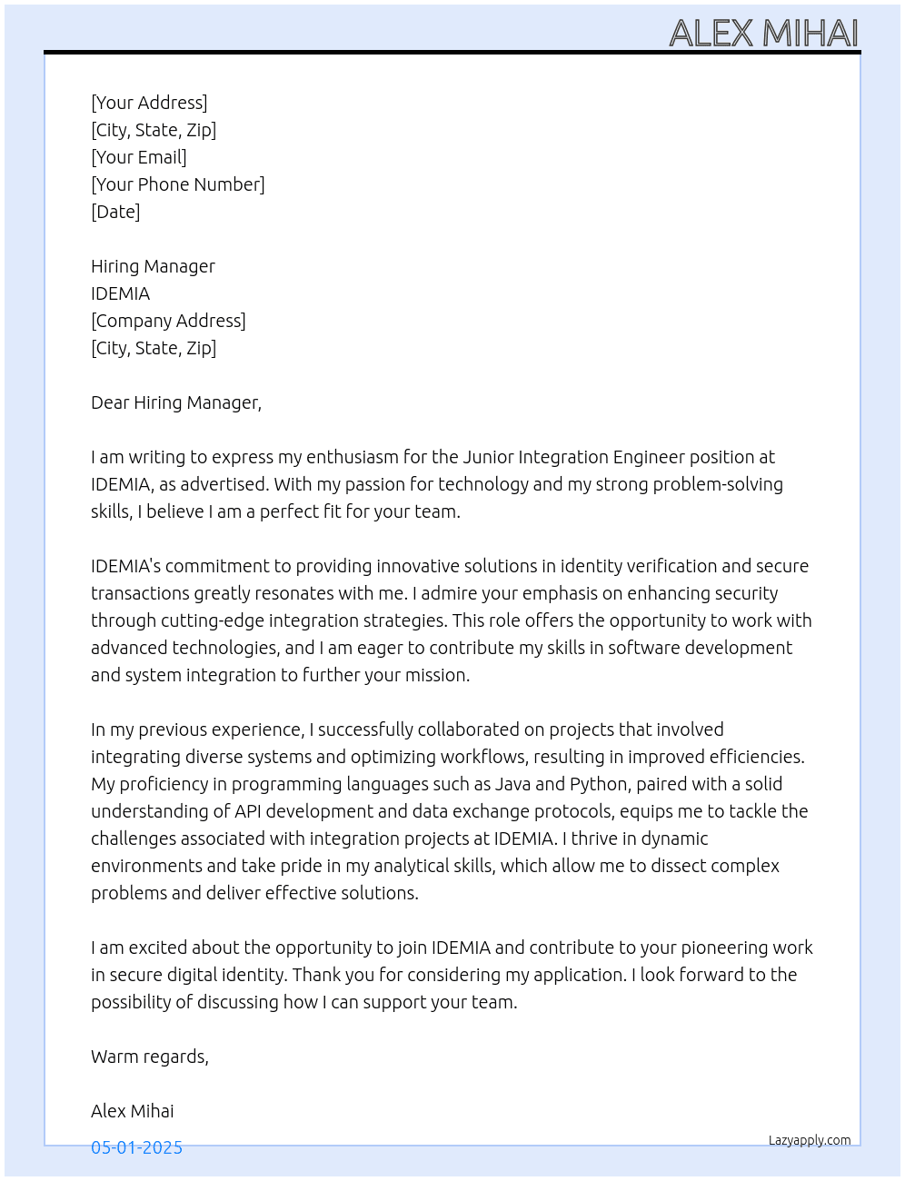 Junior Integration Engineer At IDEMIA Cover Letter