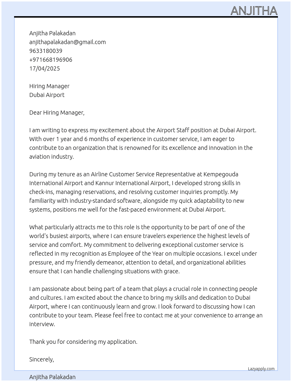 Airport staff At DUBAI AIRPORT  Cover Letter