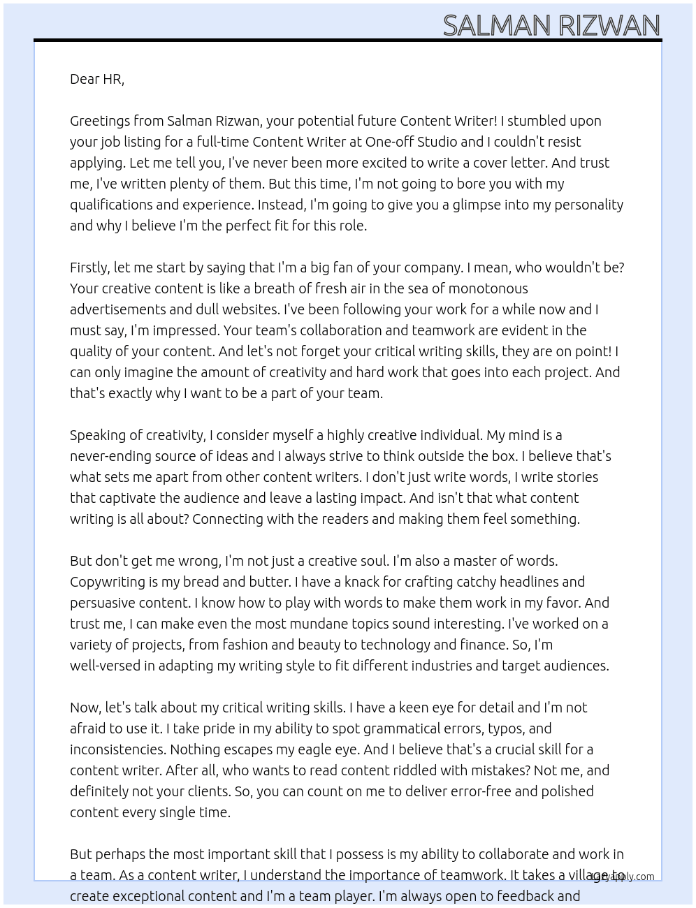 Content Writer  At One-off Studio Cover Letter