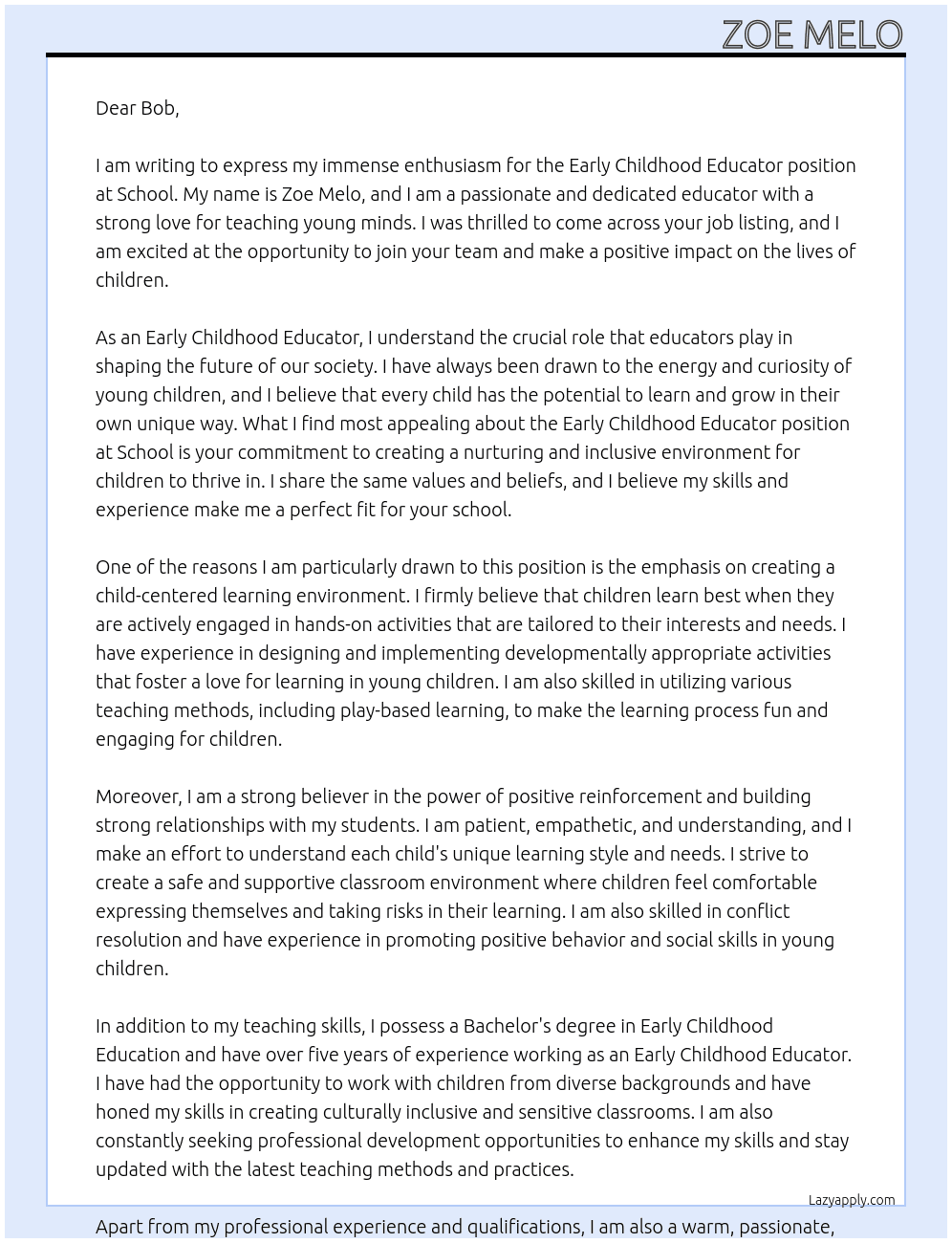 Early Childhood Educator  At School  Cover Letter