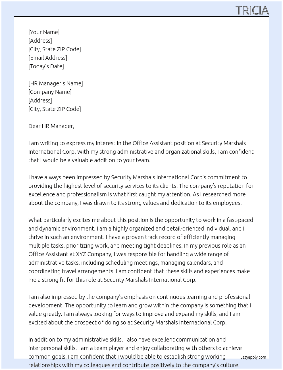 Office Assistant  At Security Marshals International Corp  Cover Letter
