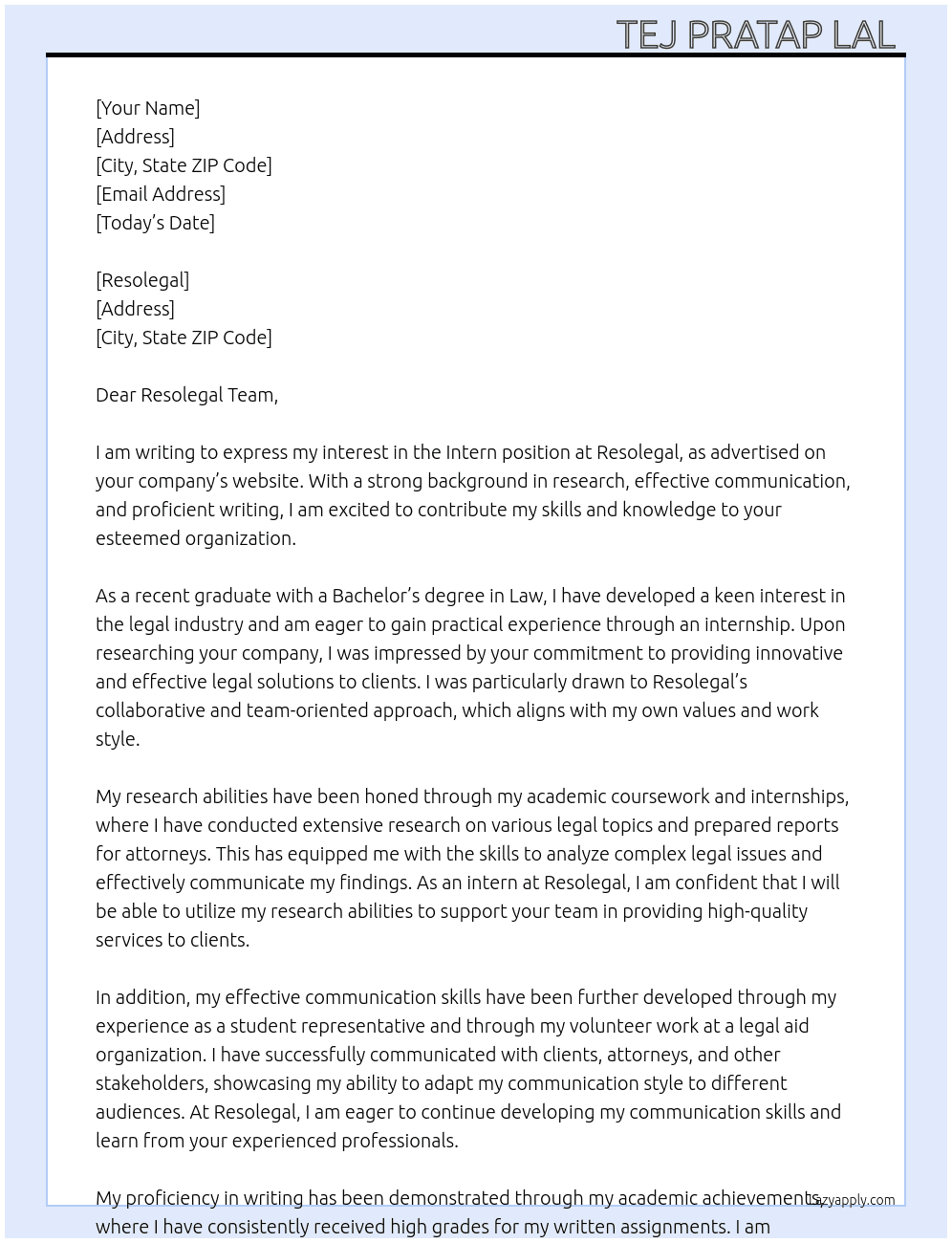 INTERN At Resolegal Cover Letter