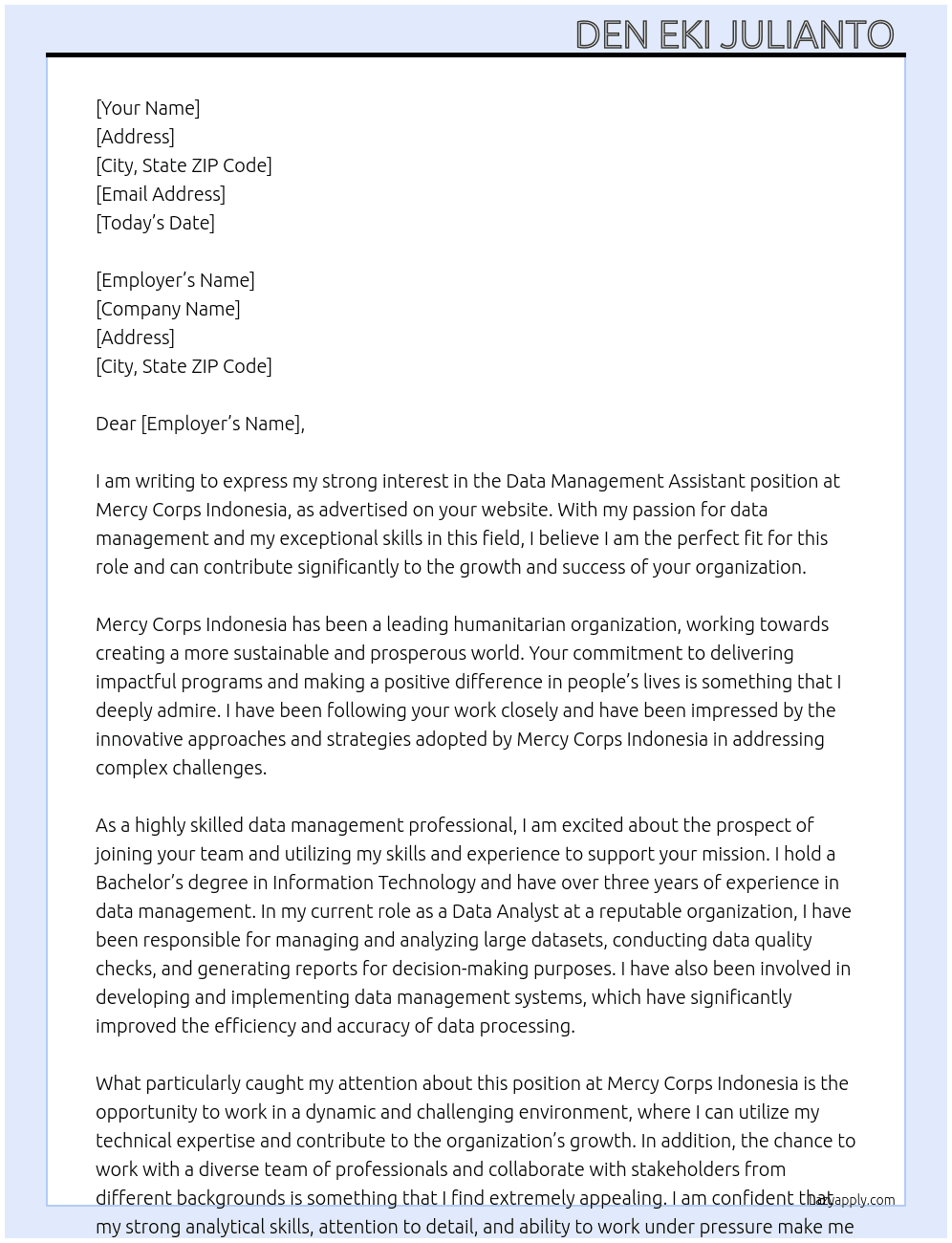 Data Management Assistant At Mercy Corps Indonesia Cover Letter