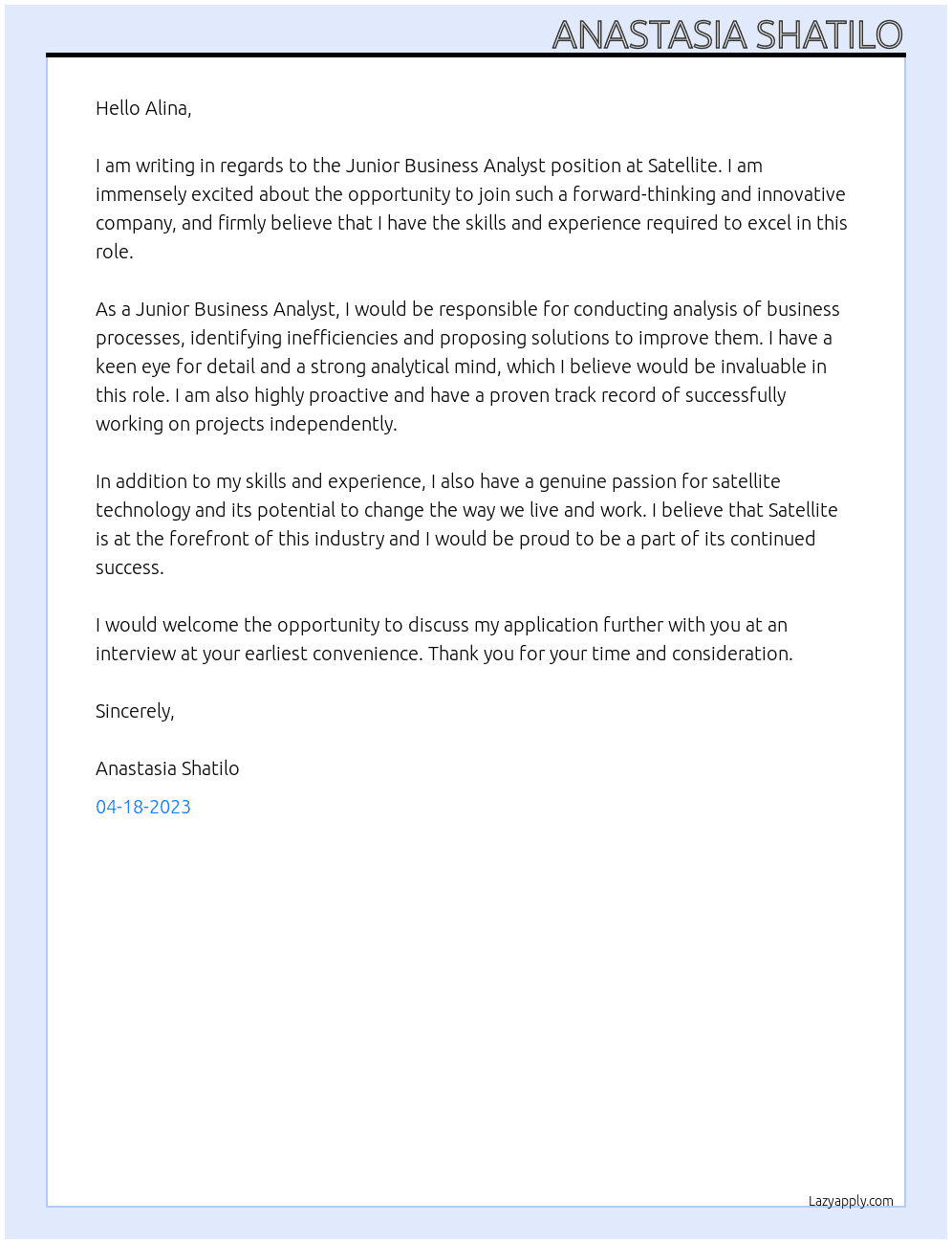 Junior Business Analyst At Satellite Cover Letter