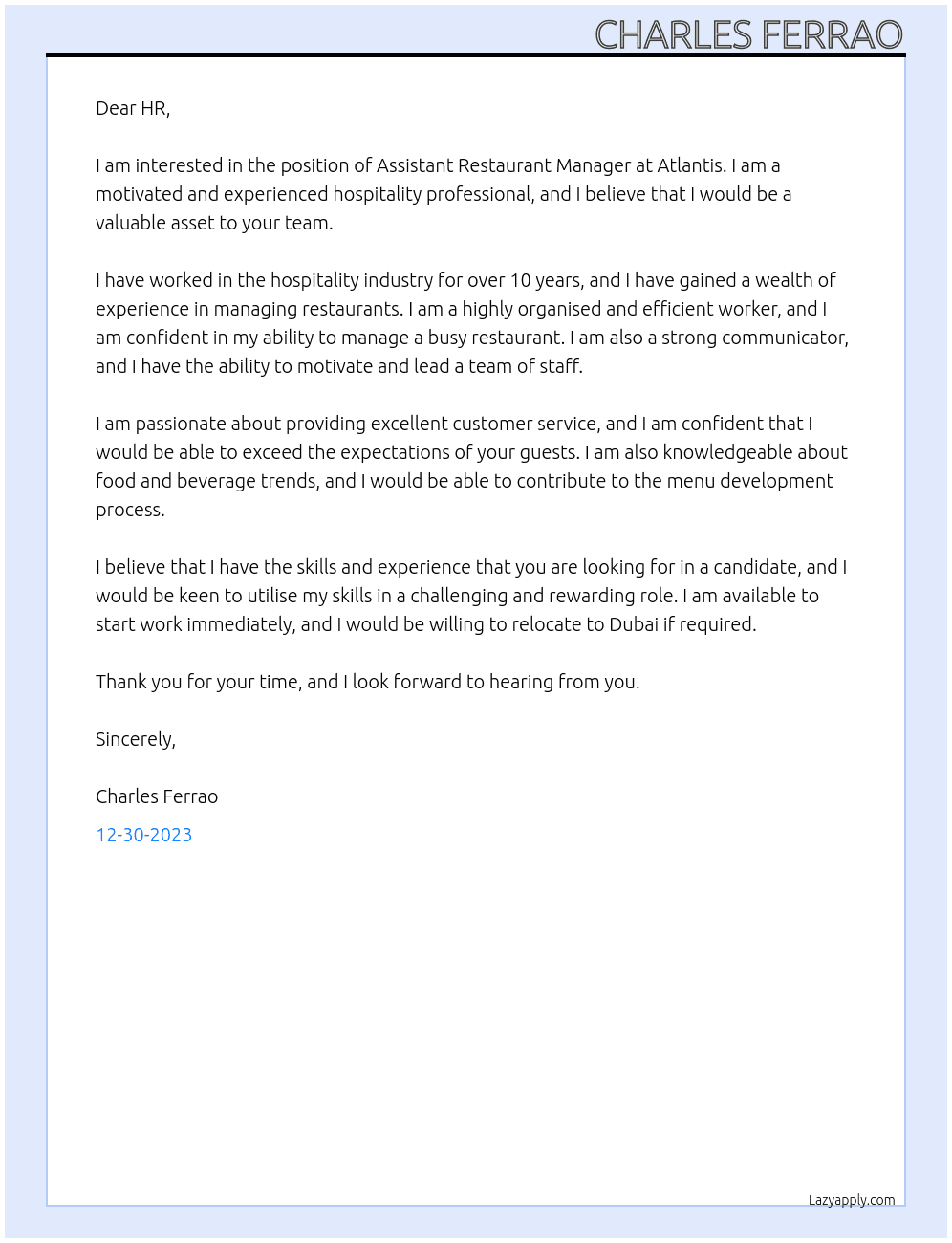 Assistant Restaurant Manager At Atlantis  Cover Letter