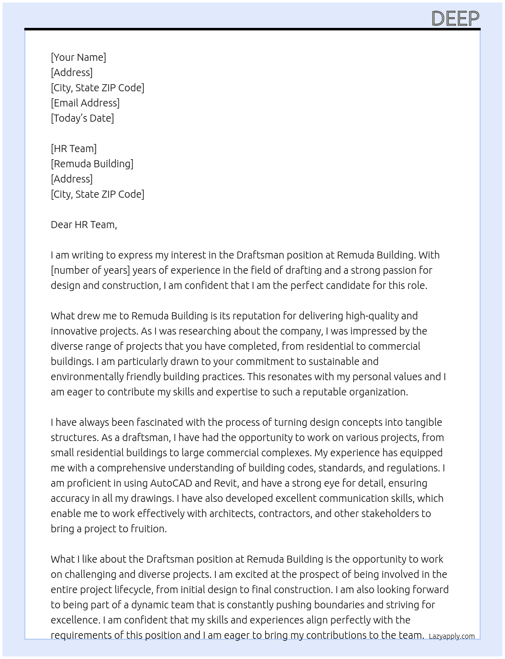 Draftsman At Remuda building Cover Letter