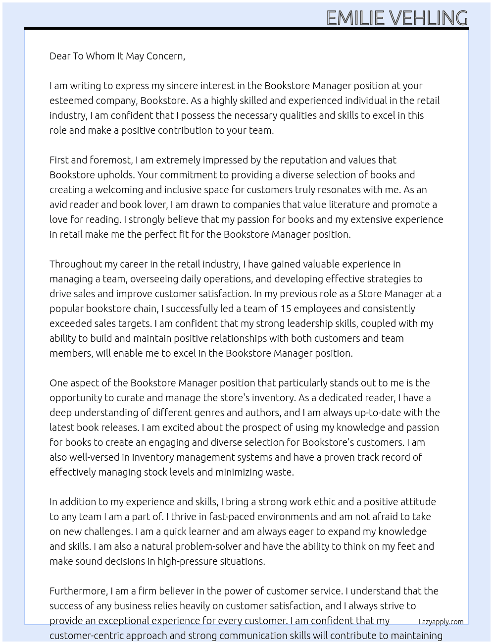 Bookstore Manager At Bookstore Cover Letter