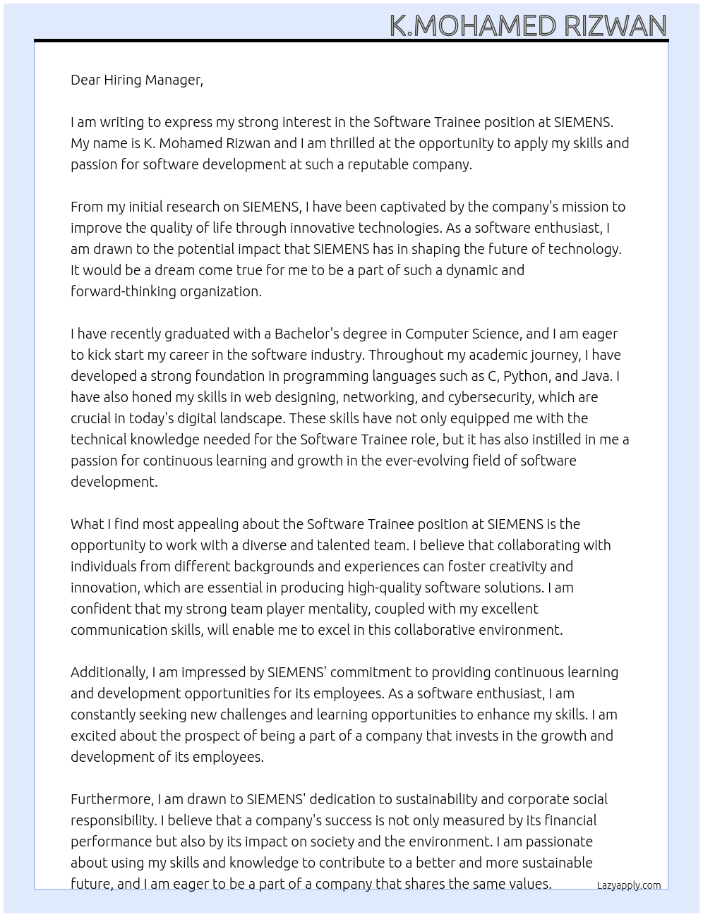 Software Trainee At SIEMENS Cover Letter