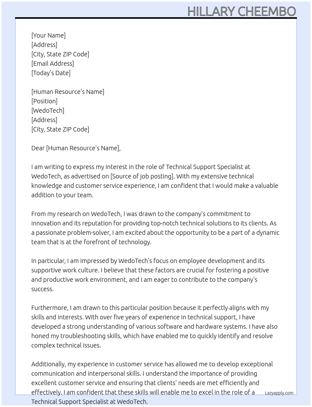 Technical Support Specialist At WedoTech Cover Letter