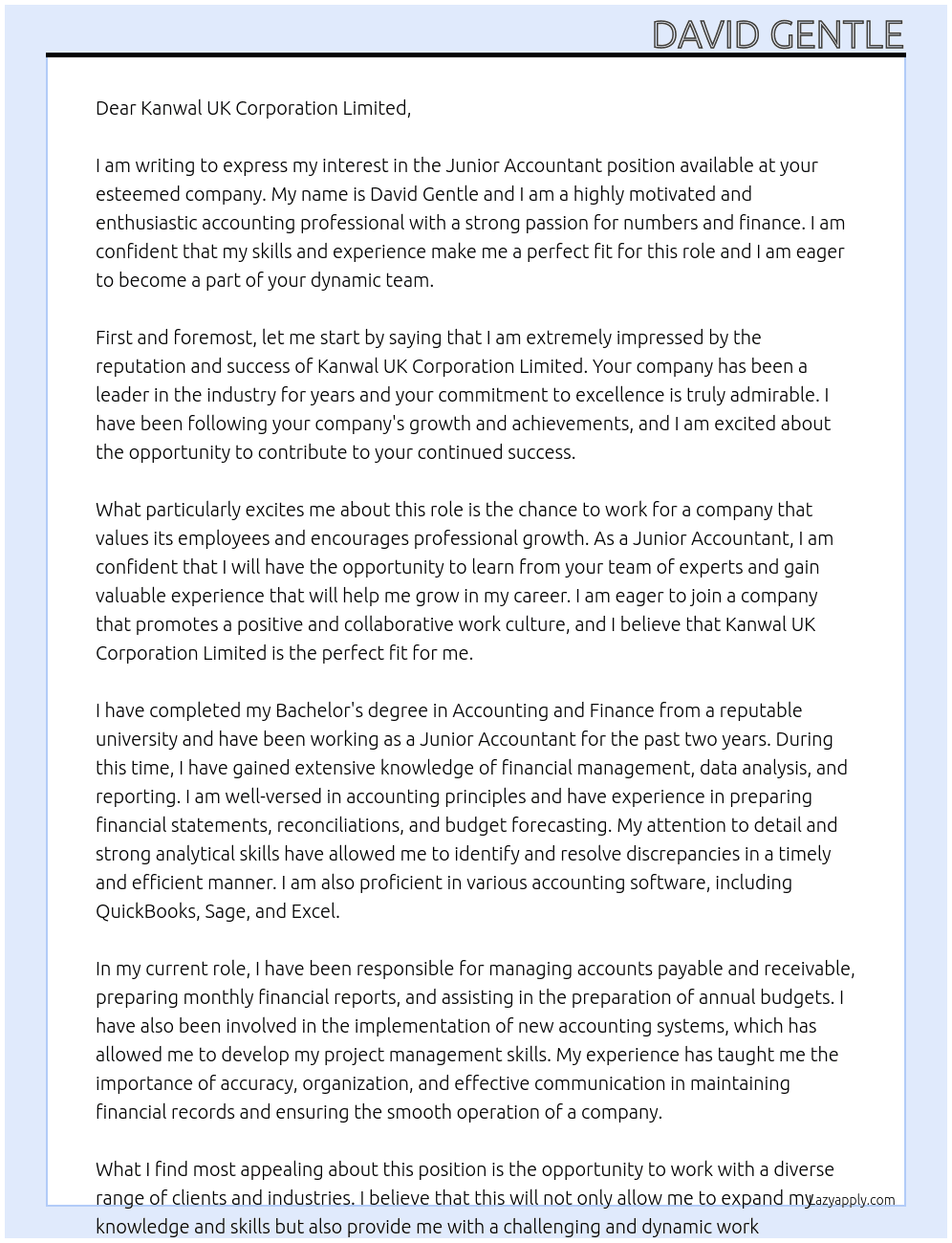 junior aacountant At Kanwal UK Corporation Limited Cover Letter
