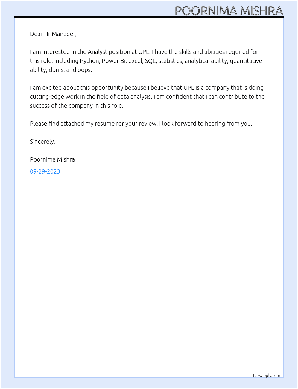 Analyst At UPL Cover Letter
