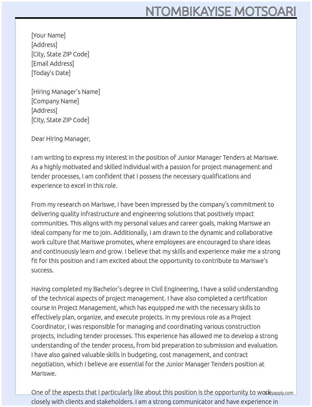 Junior Manager Tenders At Mariswe Cover Letter