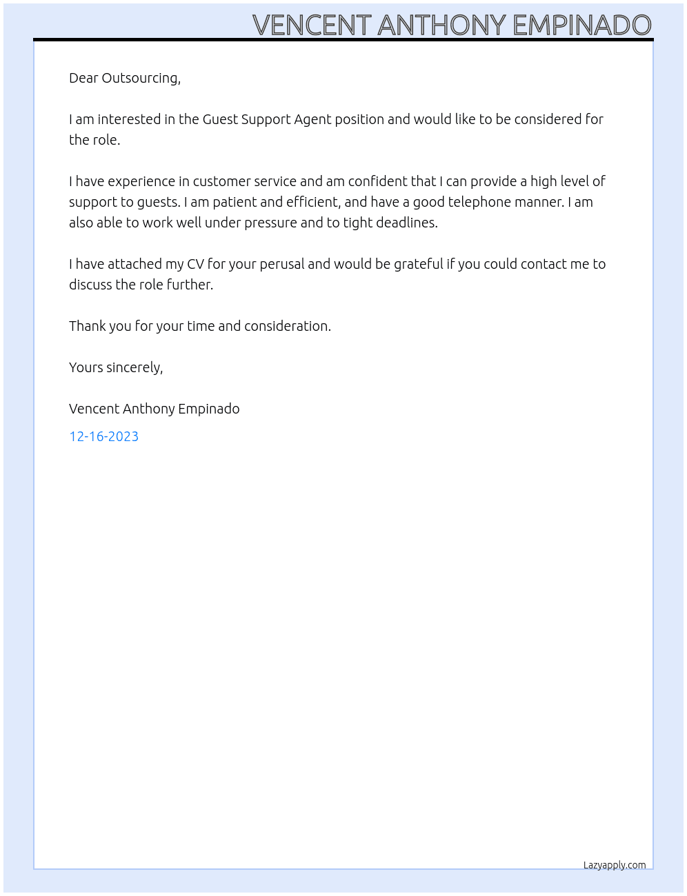 Guest Support Agent At Outsourcing  Cover Letter