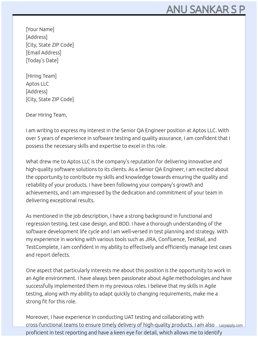 Senior QA Engineer At Aptos LLC Cover Letter