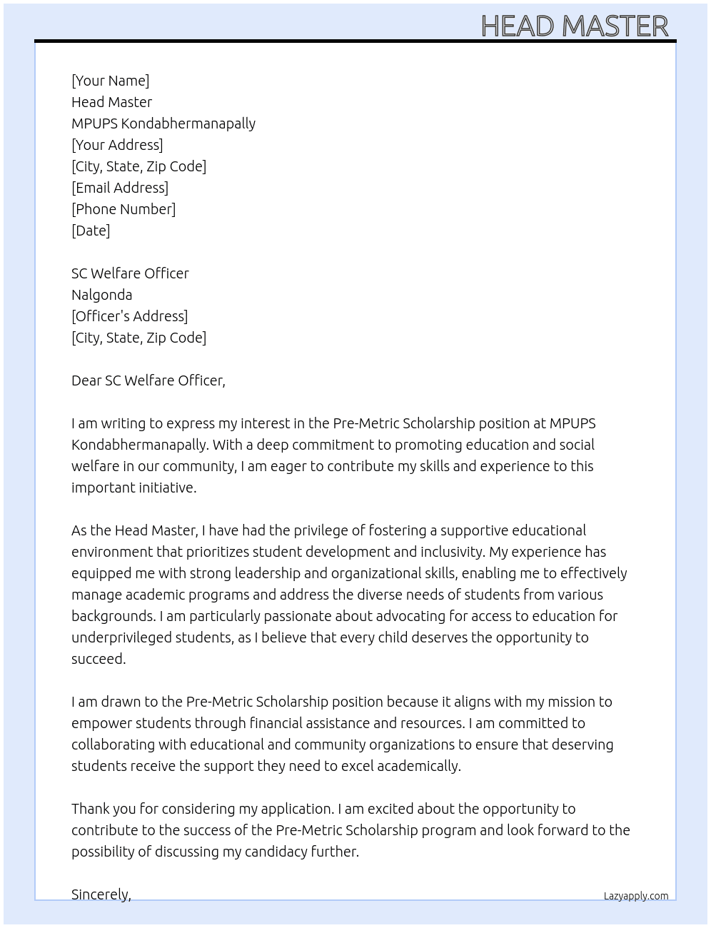 Pre metric scholarship  At MPUPS KONDABHERMANAPALLY  Cover Letter