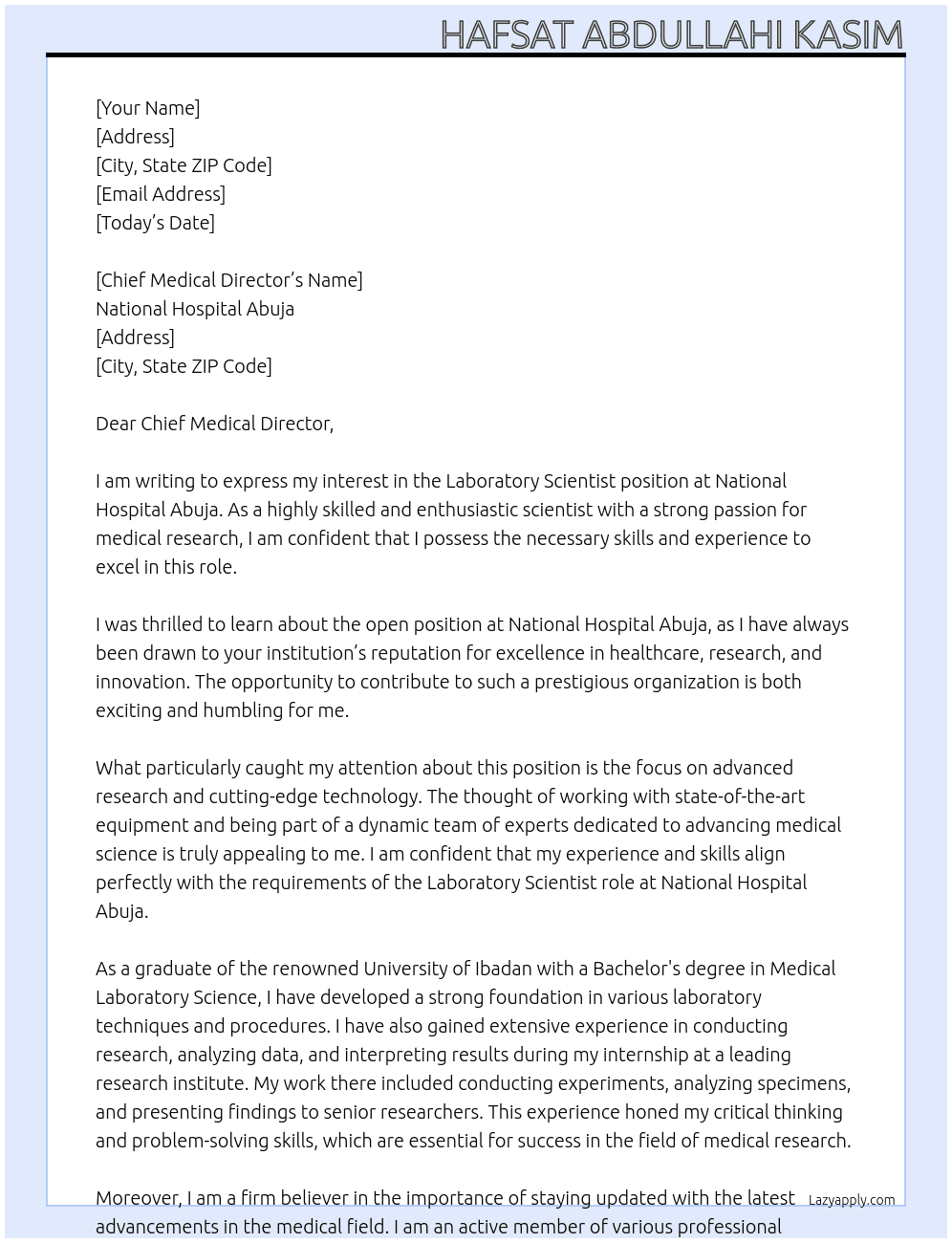 Laboratory scientist At National Hospital Abuja Cover Letter