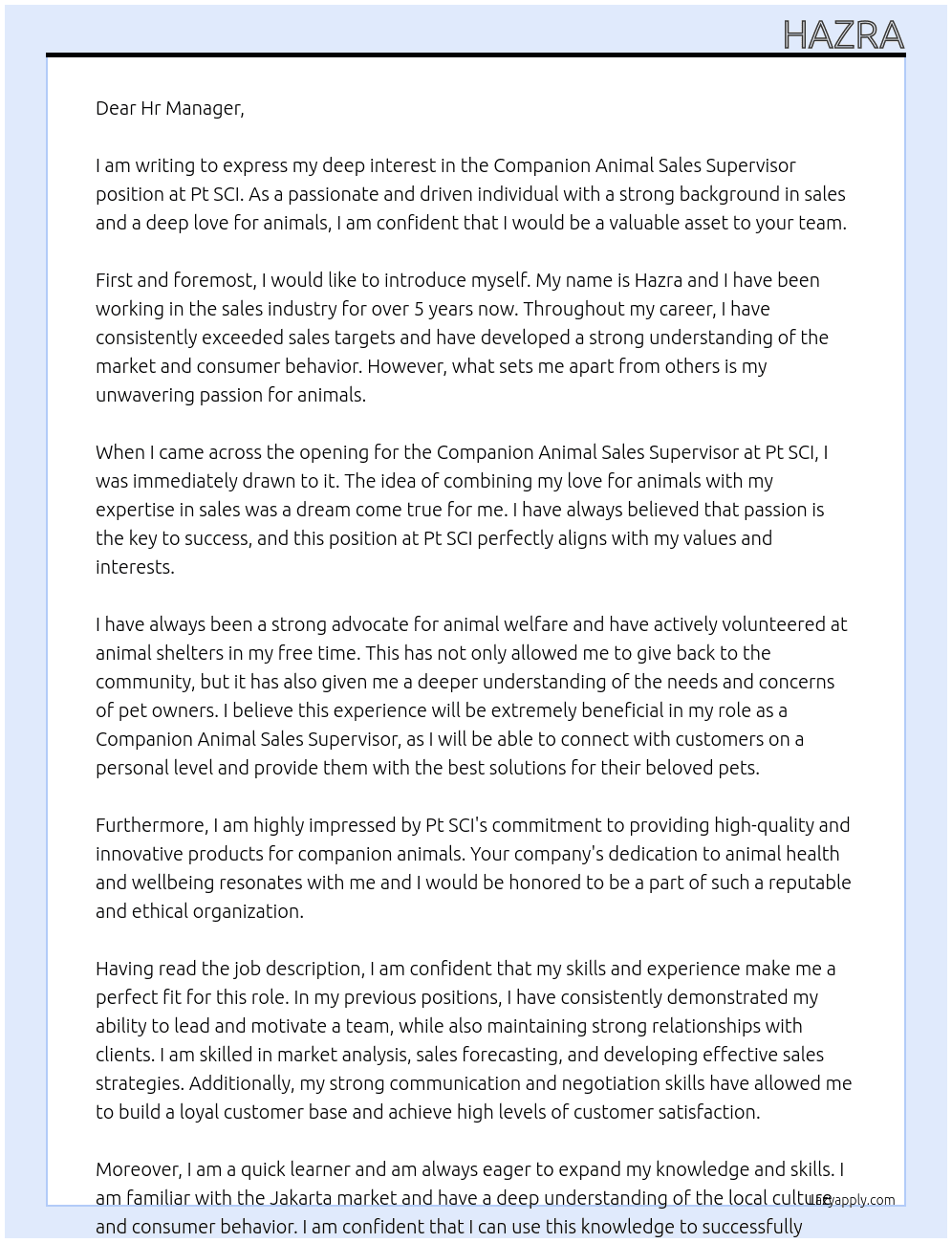 Companion animal sales supervisior At Pt SCI Cover Letter