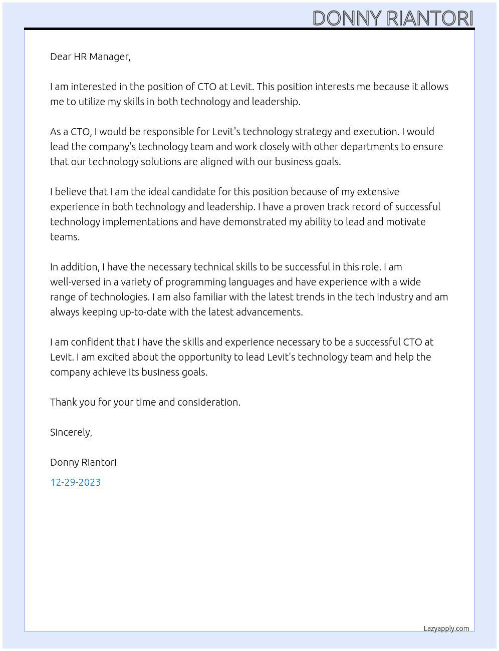 CTO At Levit Cover Letter