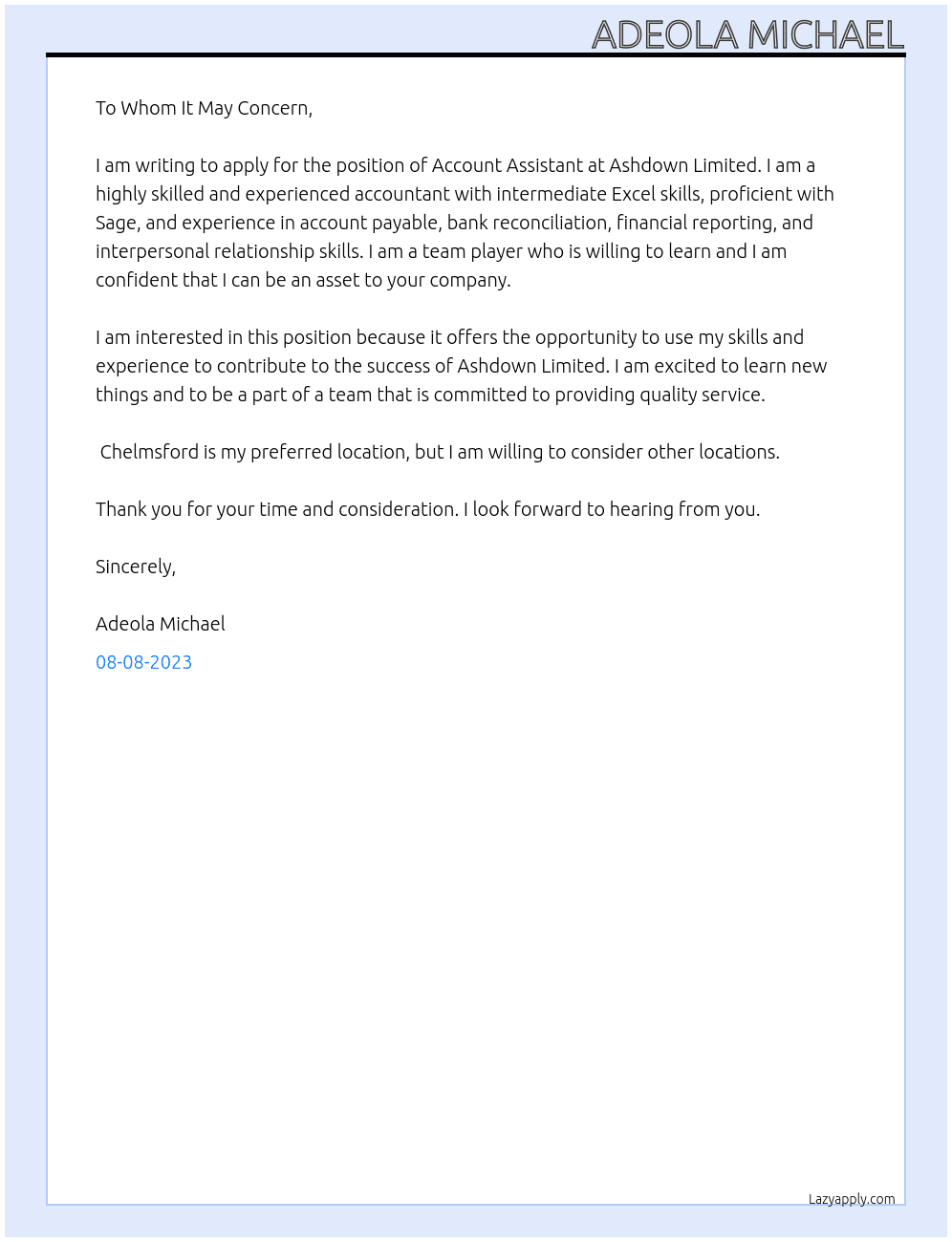 Account Assistant At Ashdown Limited Cover Letter