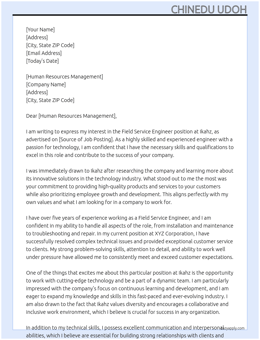 Field Service Engineer At Ikahz Cover Letter