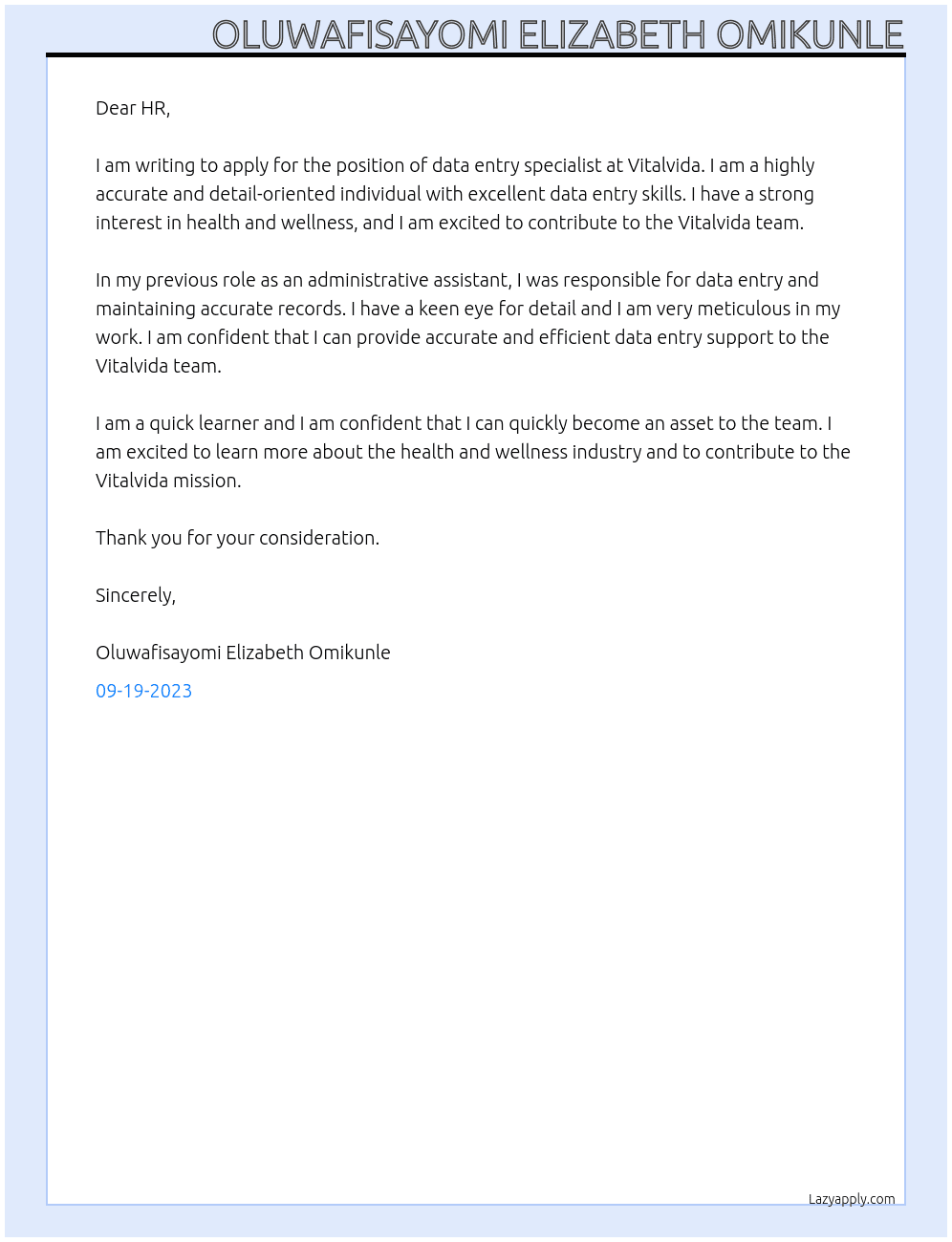 daa entry specialist At Vitalvida Cover Letter