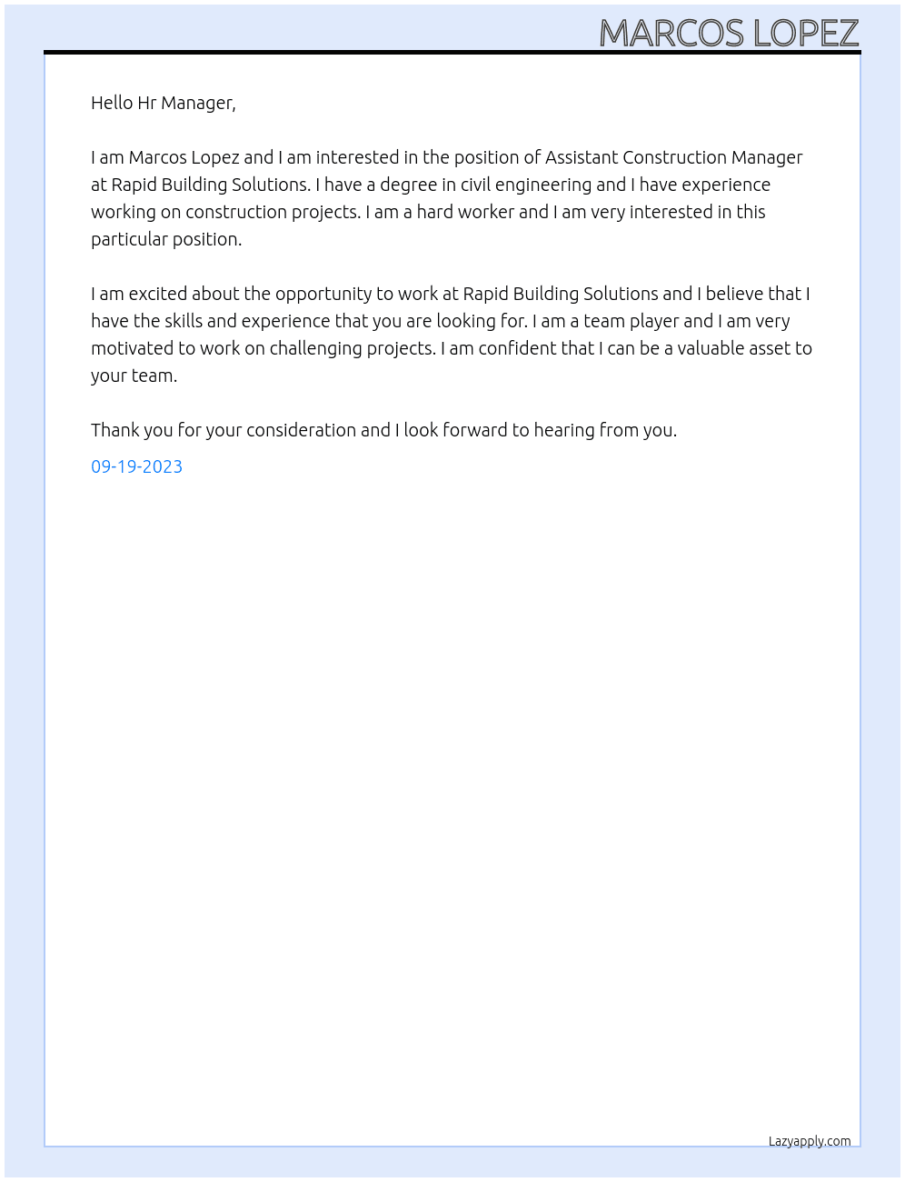 Assistant Construction Manager At Rapid Building Solutions Cover Letter