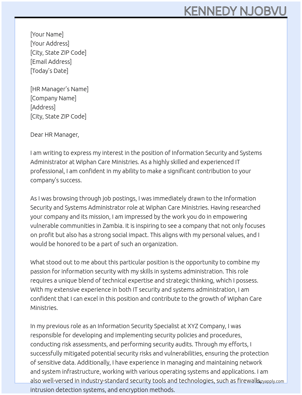 Information Security and Systems Administrator At Wiphan Care Ministries Cover Letter