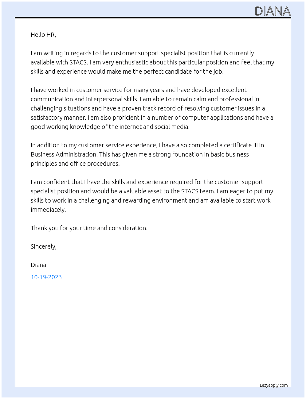 customer support specialist (remote) At STACS Cover Letter
