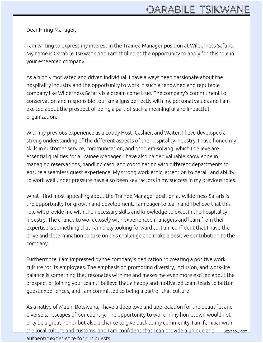 Trainee manager  At Wilderness Safaris  Cover Letter