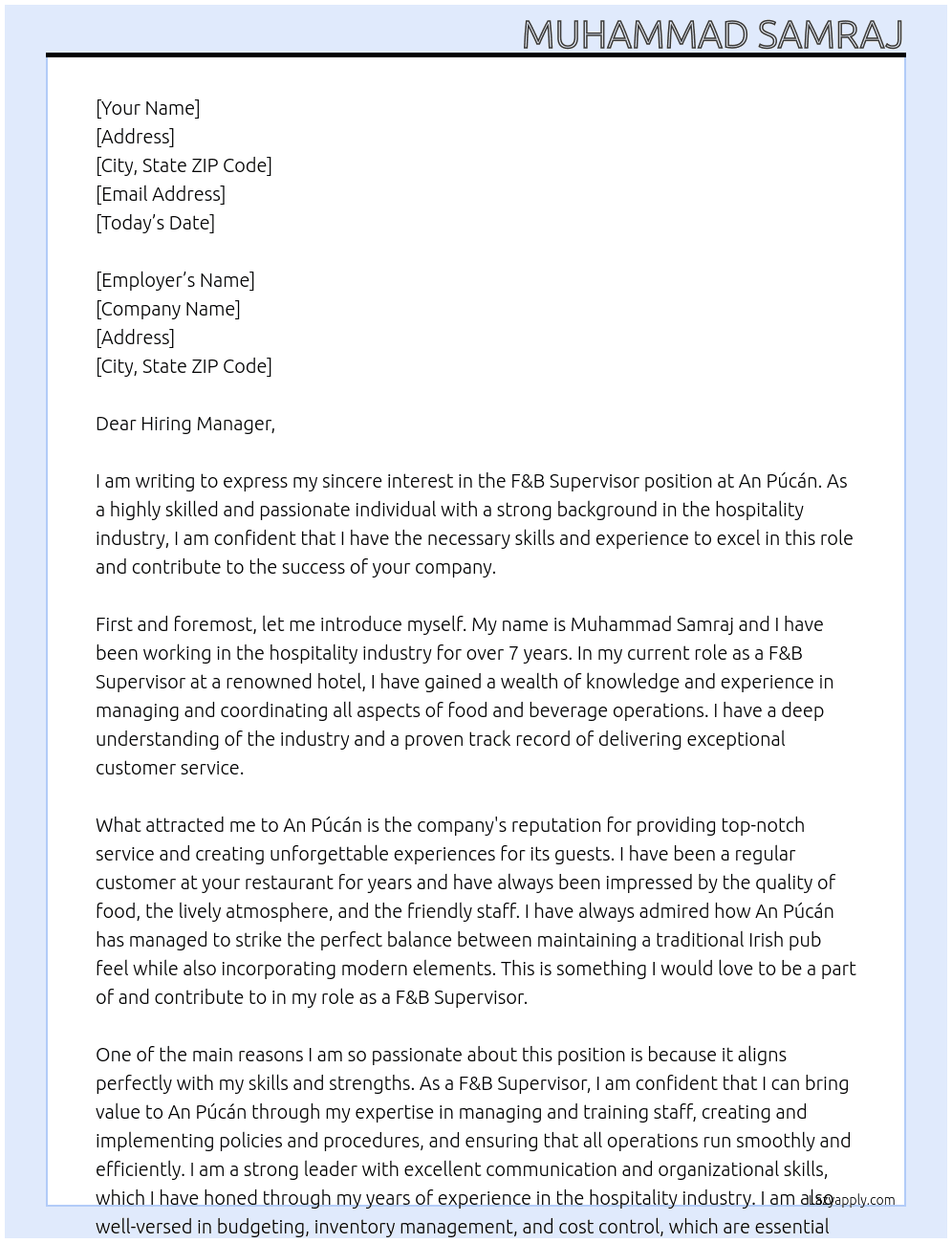 F&B Supervisor At An Púcán Cover Letter