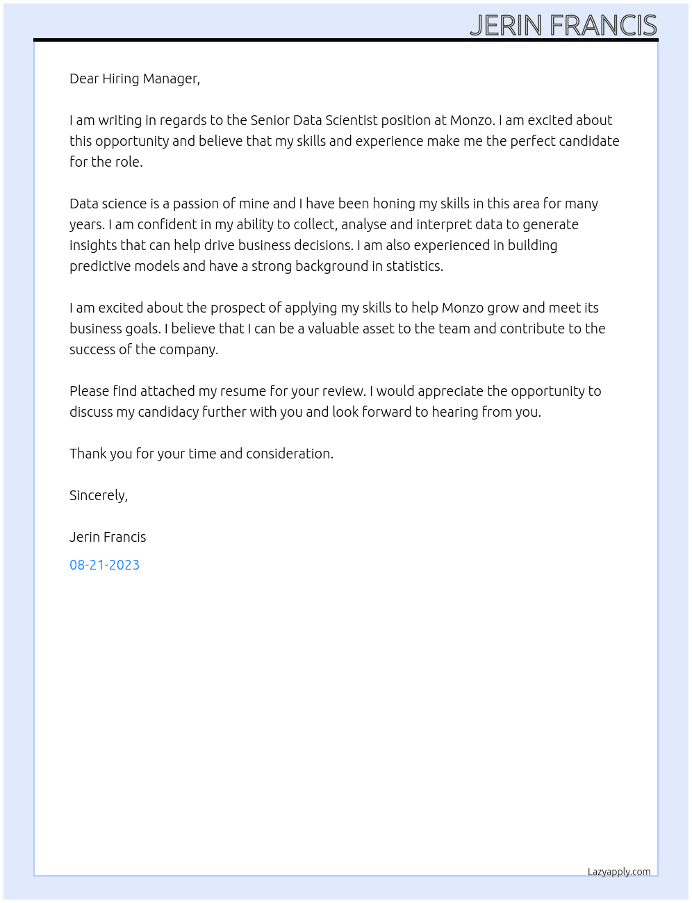 Senior Data Scientist At Monzo Cover Letter