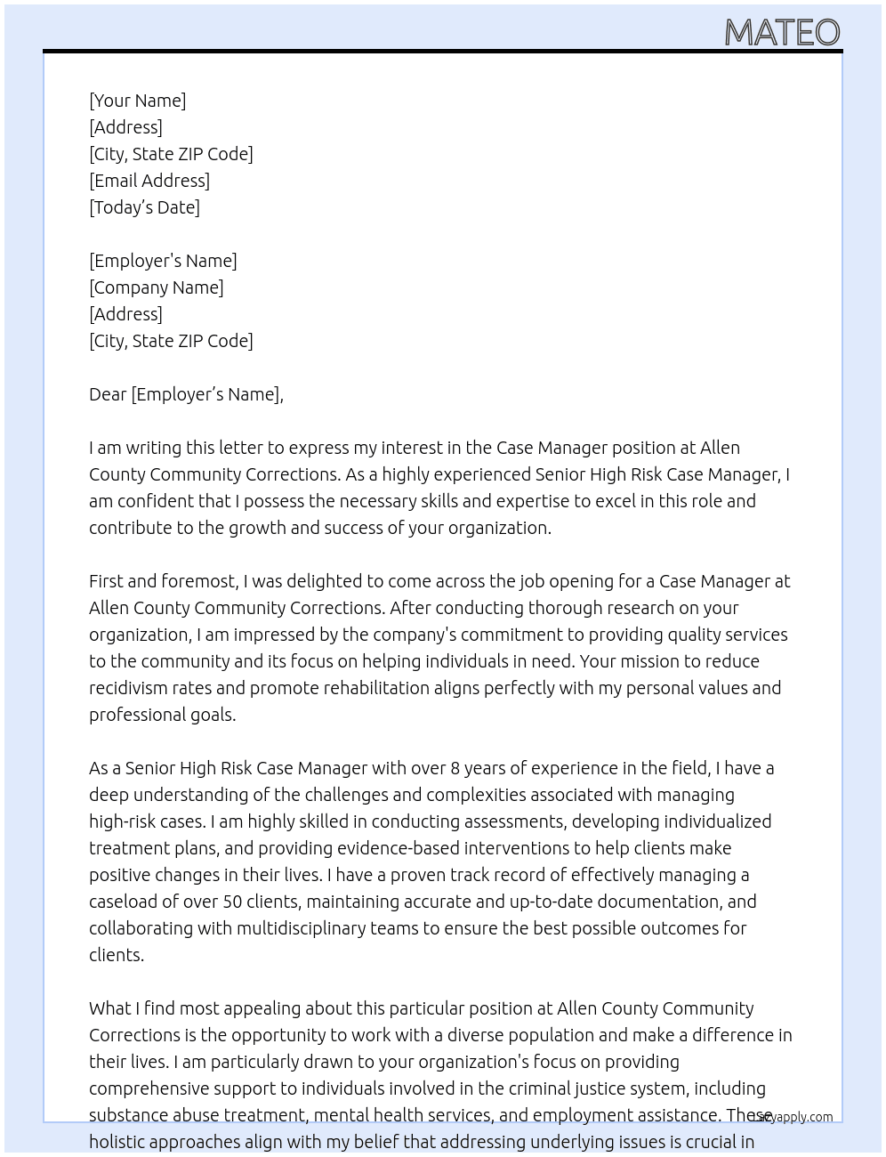 Case Manager  At Allen County Community Corrections Cover Letter