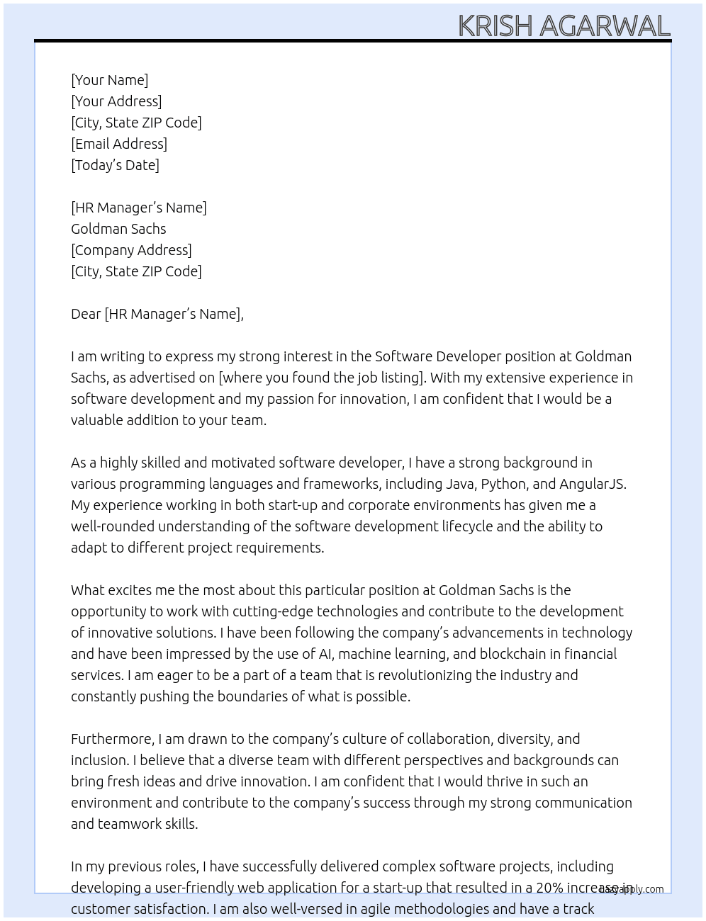 Software Developer At Goldman Sacks Cover Letter