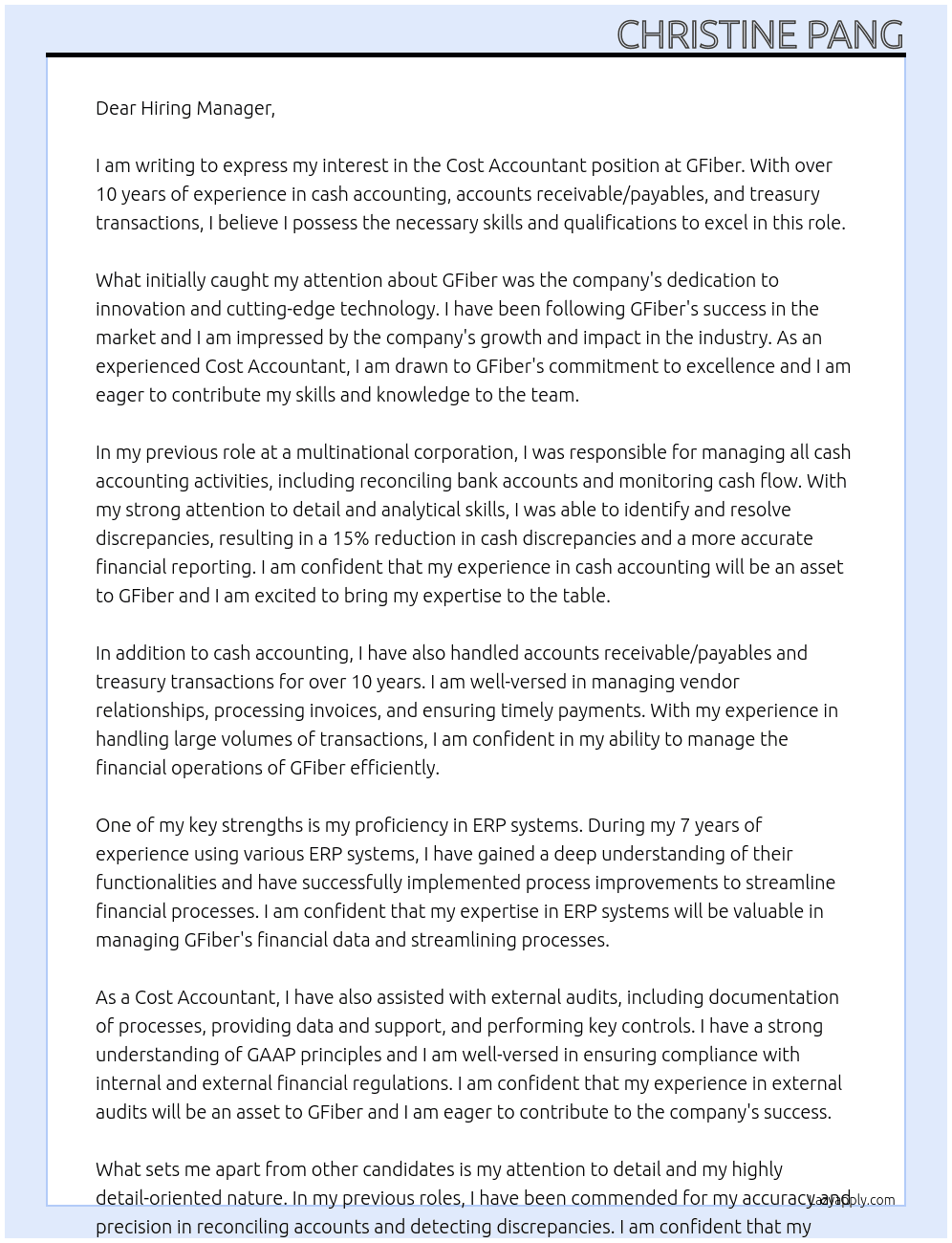 Cost Accountant At GFiber Cover Letter