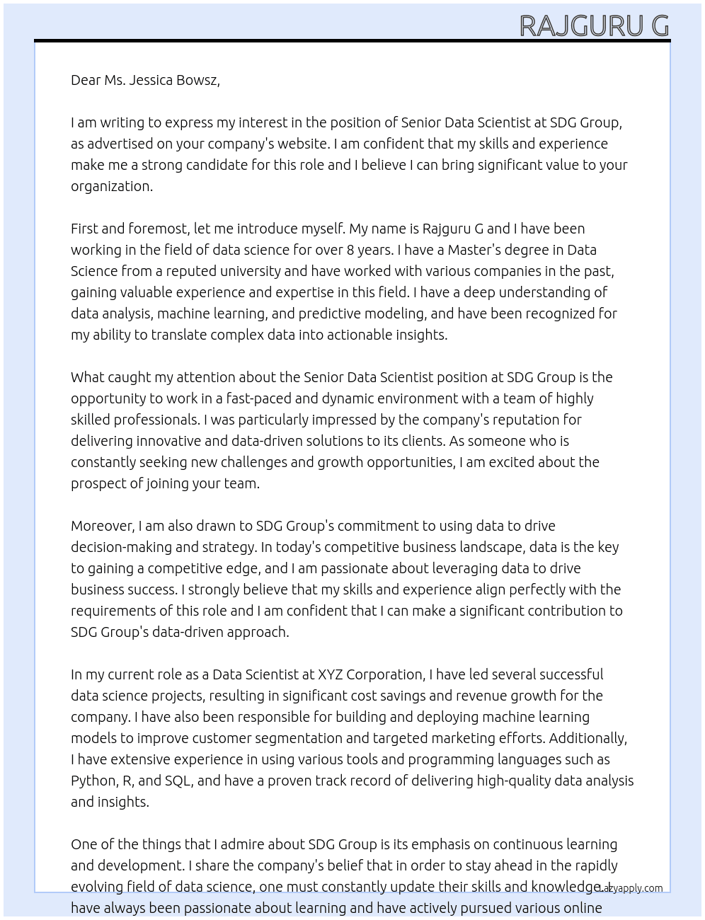 Senior Data Scientist At SDG Group Cover Letter